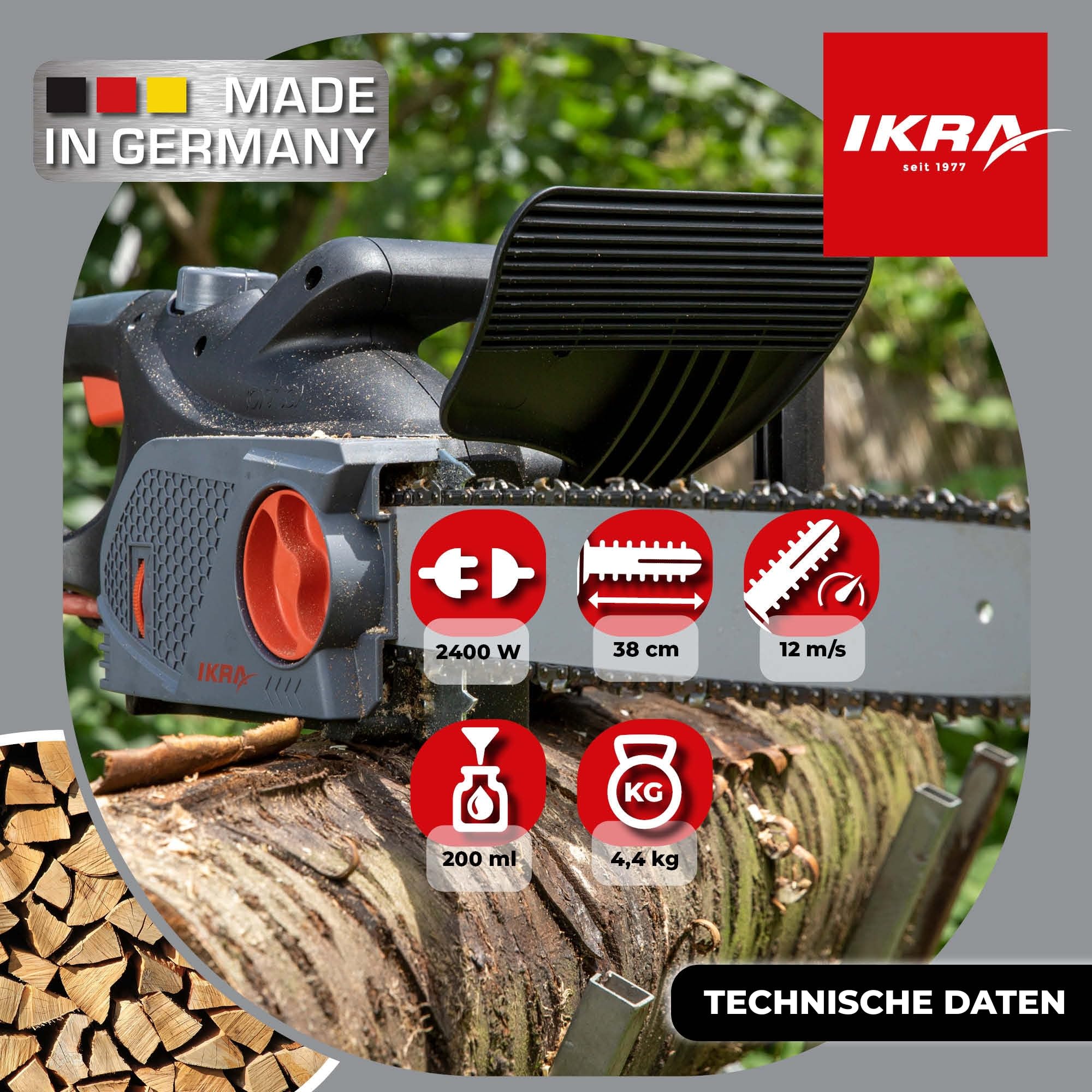 IKRA Elektro Kettensäge KSE 2400-40, Made in Germany, inkl. Ersatzkette | Schnittlänge 40cm, vibrationsarme Sägekette, werkzeuglose Kettenmontage & -spannung, 2400 W, metallverstärktes Profigetriebe