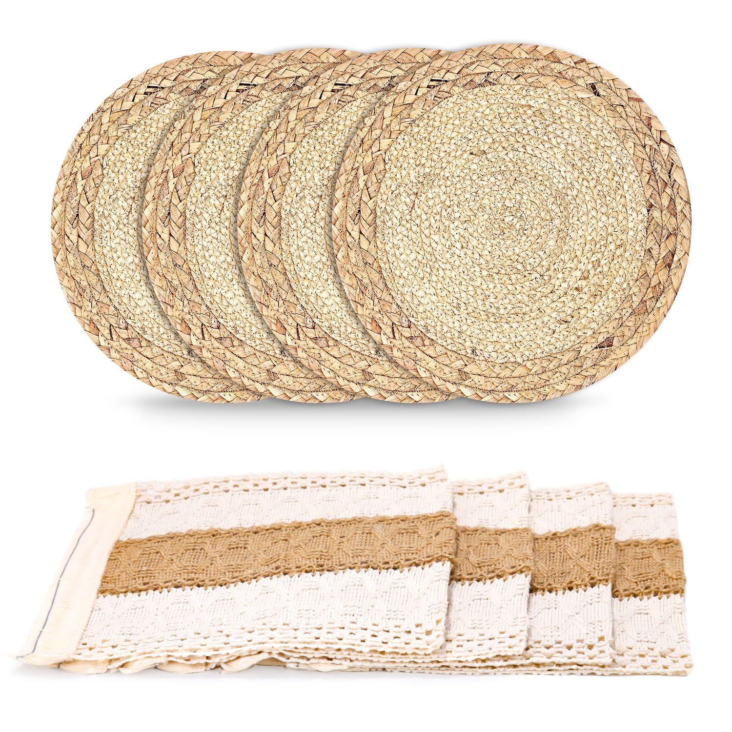 Sets de table bohème en herbe tissée et coton : lot de 4 tapis de repas à pompons