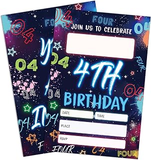 Blue 4th Birthday Invitations, Glow Neon Fourth Birthday Party Invitations, 20 (4x6) Party Invite Cards with Envelopes, Teen Girls Boys Birthday Party Supplies Baby Shower Decorations-D04