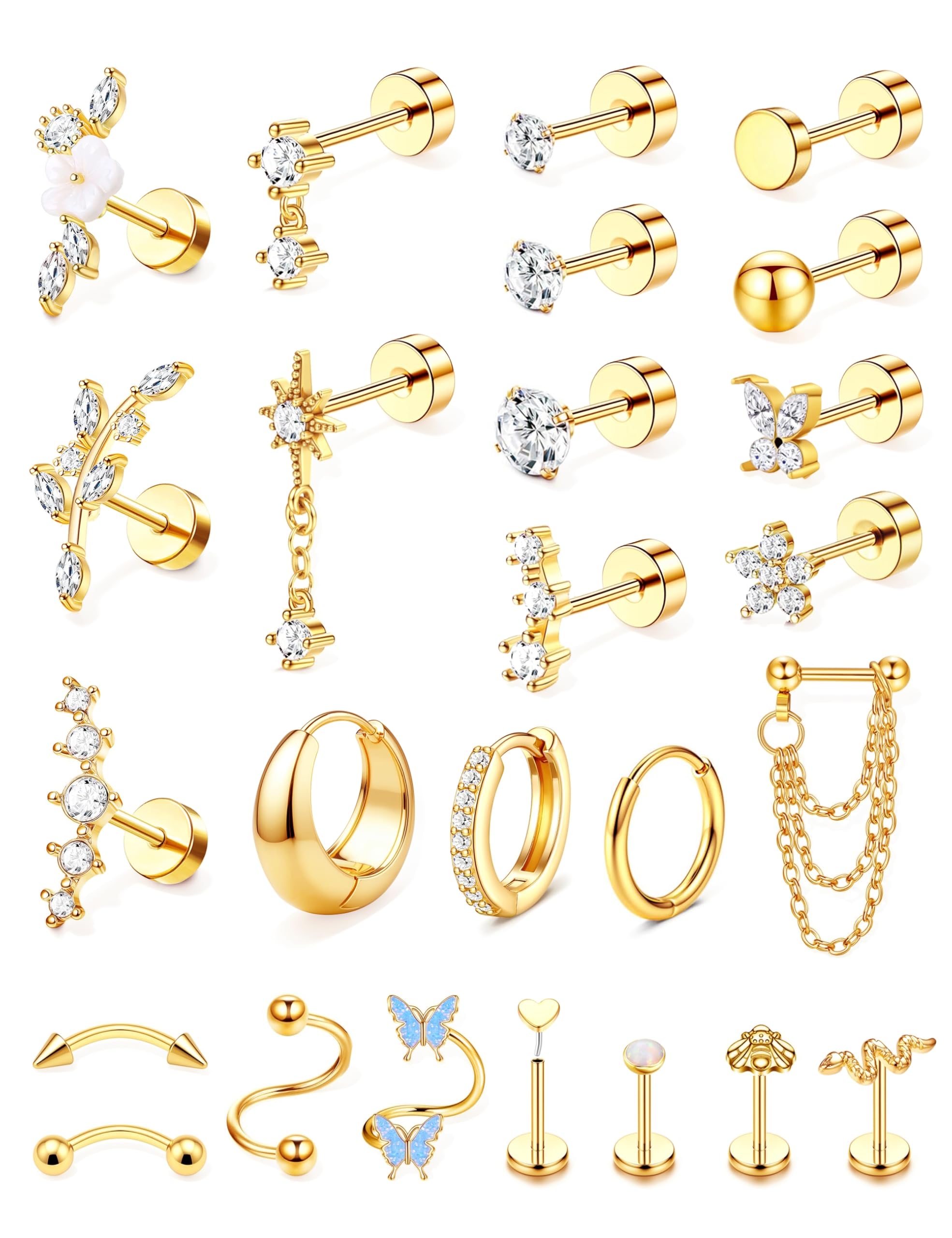 25Pcs Piercing Oreille Acier Inoxydable Piercing Helix Boucles d'Oreilles Femme Or Argent Boucles d'Oreilles Creoles Piercings Conch Rook Daith Cartilage Piercings Tragus PC Unique