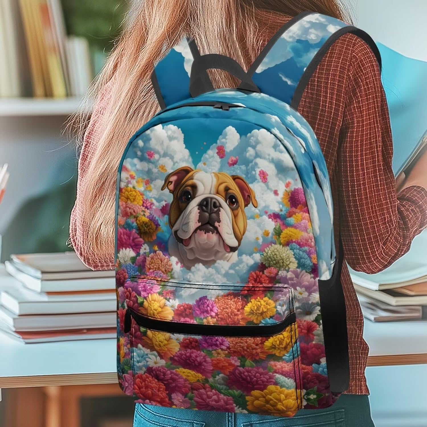 Bulldog Flowers Print Flower Animal Pattern Kids Backpack with Side Pocket School Bookbag for Students Boys Girls