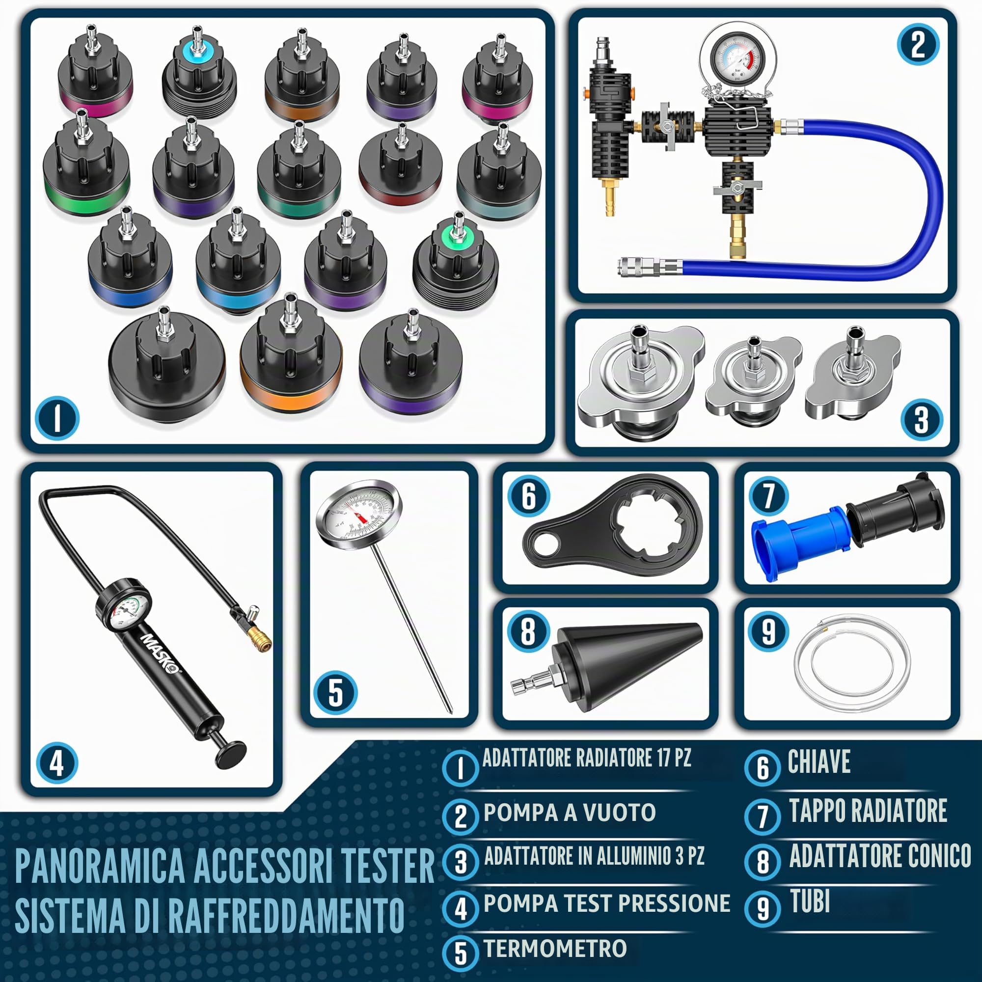 MASKO® Tester e dispositivo di spinta per sistema di raffreddamento | Controllore di pressione del radiatore, dispositivo di scarico del radiatore 28 pezzi incluso adattatore universale per radiatore