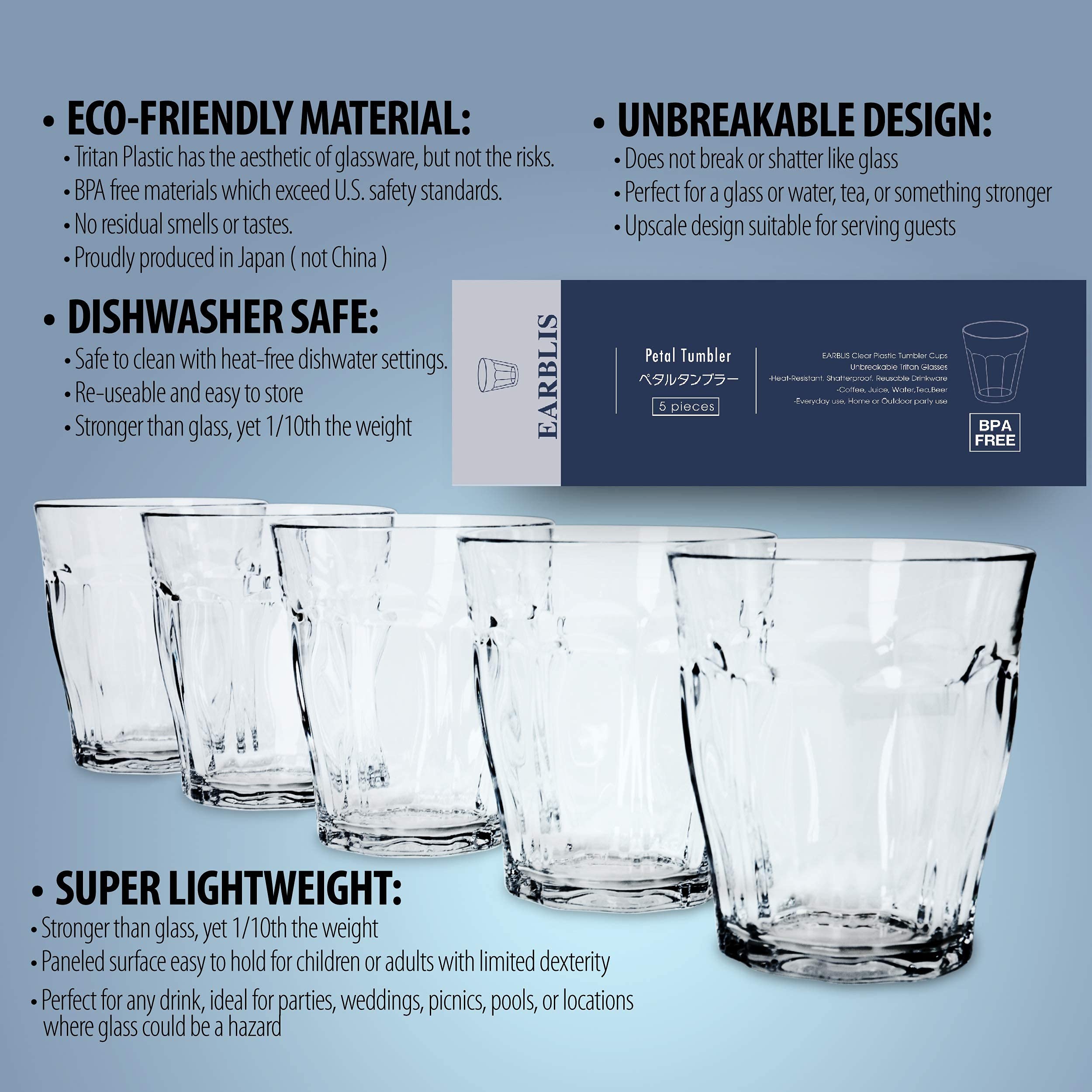 Amazon.com | EARBLIS Clear Plastic Tumbler Cups (5-Piece Set) Unbreakable  Tritan BPA Free Glasses | Heat-Resistant, Shatterproof, Reusable Drinkware  | Beer, Coffee, Juice, Water | Home or Outdoor Party Use 9.4oz: Tumblers