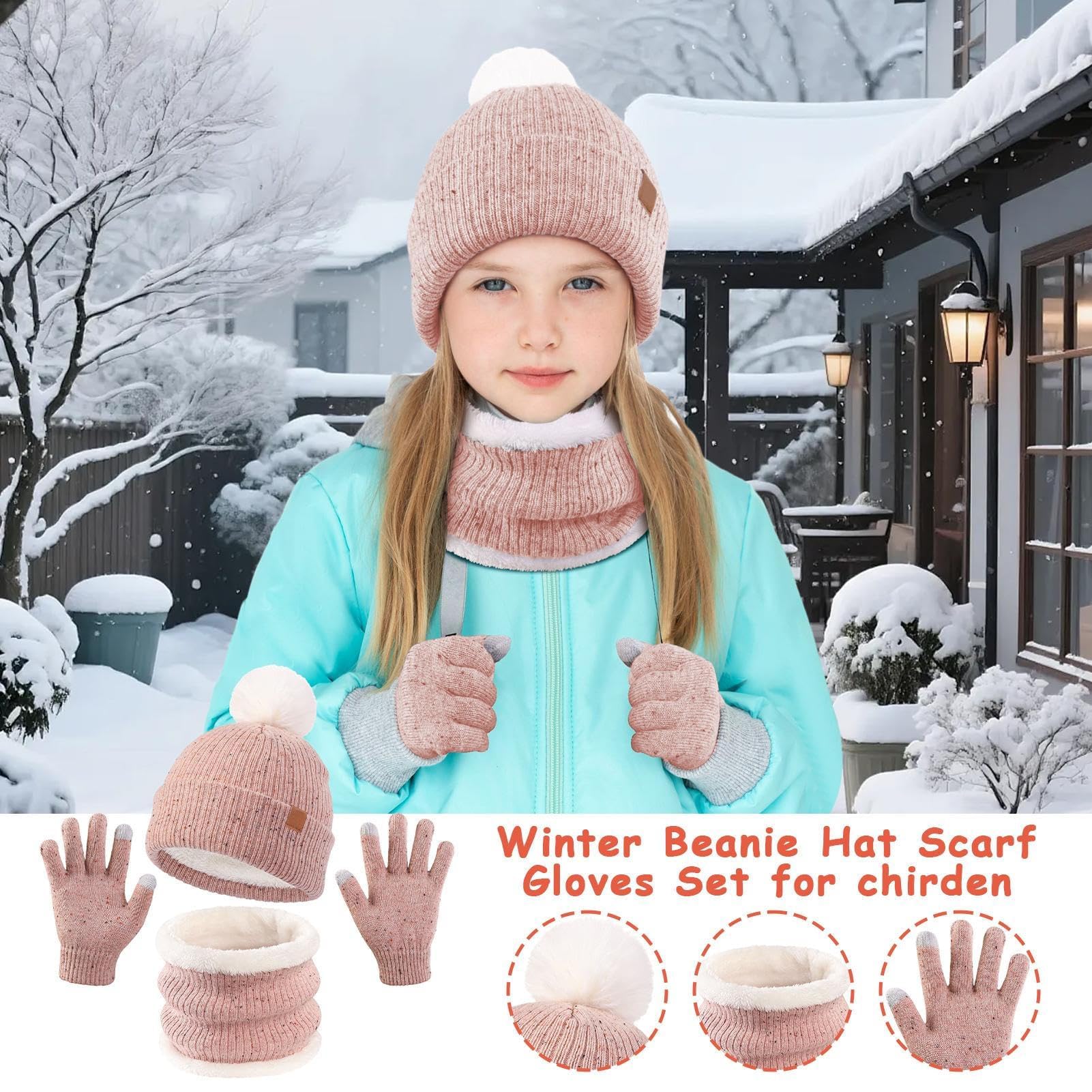 ZH1YFD Kinder-Wintermütze, Handschuhe, Schal-Set – niedliche Kleinkind-Wintermütze, Halswärmer und Handschuhe, weiches Thermo-Zubehör für kaltes Wetter für Abenteuer, Skifahren, Skaten, Wandern,
