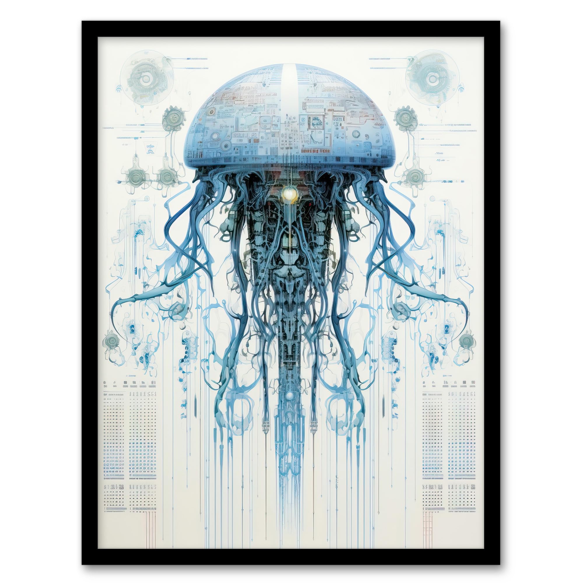 Artery8 Jellyfish Military Robot Hybrid Schematic Blueprint Futuristic Secret Complex Arcane Manuscript Gift For Him Man Cave Art Print Framed Poster Wall Decor 12x16 inch