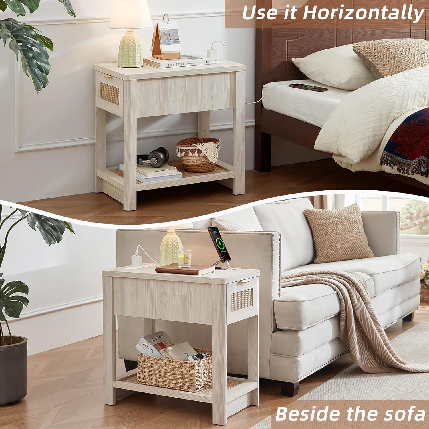 Lerliuo Narrow Night Stand with Charging Station, Boho Nightstand with Drawer, Bed Side End Table with Rattan Shelf for Small Spaces, Wood Nightstands Bedside Tables for Living Room Bedroom