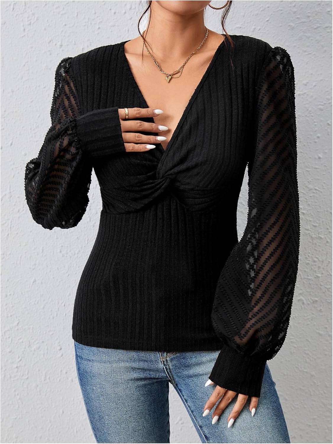 Floerns Women's Elegant Mesh Sheer Lantern Sleeve V Neck Blouse Twist Front Dressy Knit Blouses Going Out Top - Image 3