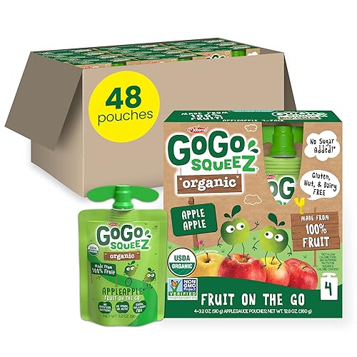 GoGo squeeZ Fruta orgánica sobre la marcha, manzana de manzana, 3.2 onzas (48 bolsas)  Sabrosos bocadillos de puré de manzana para niños hechos de