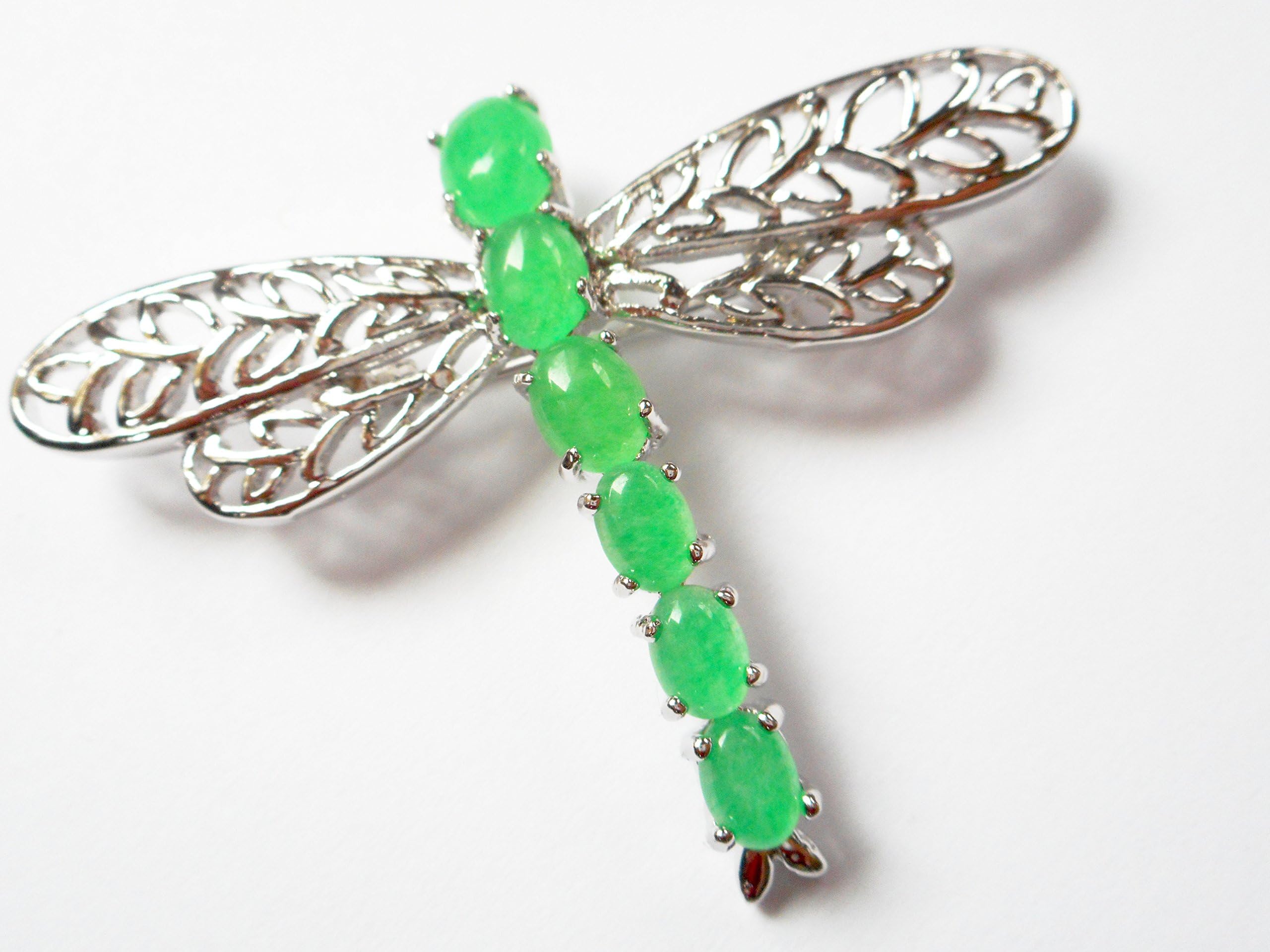 Dragonfly green jade silver brooch pin