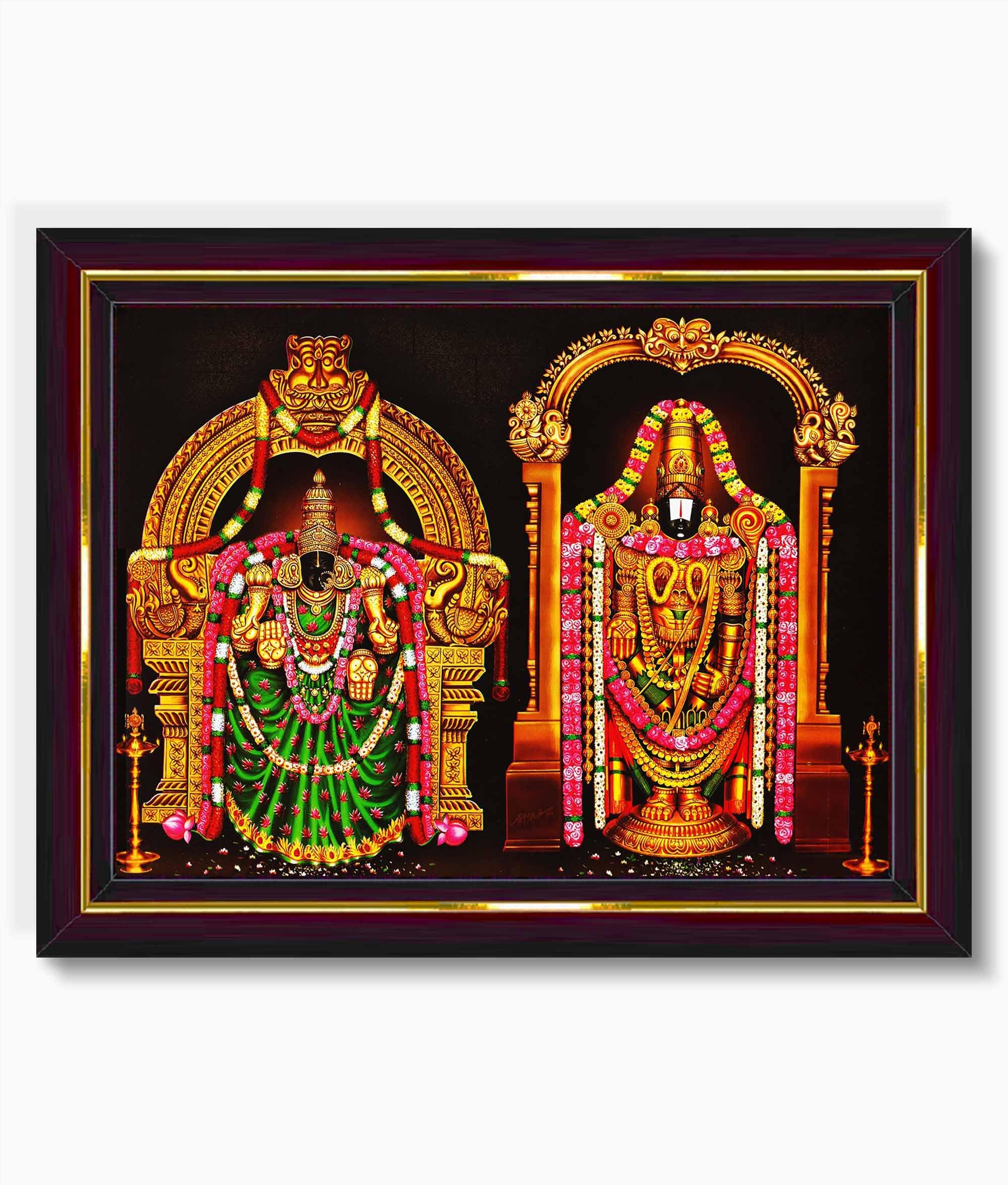 Pavan Photo Laminations Tirupati Balaji Padmavati Venkateshwara Swamy Wall Painting Framed Home Decor (Wood,Matte,Brown,Big Size,10 x 12 Inch) B512M