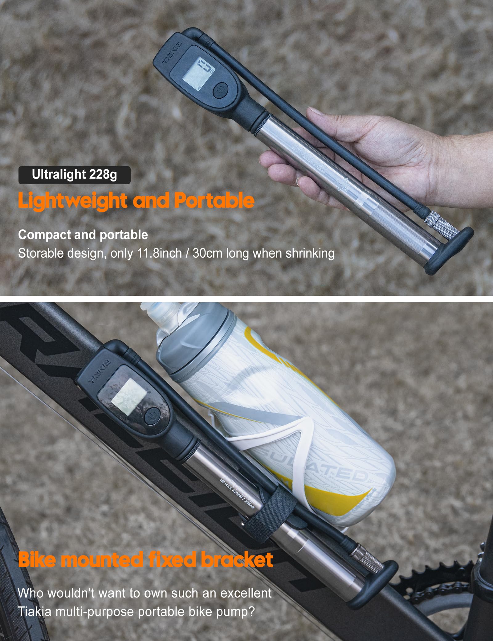 Tiakia Hochdruck Dämpferpumpe mit Digitaler Manometer 320PSI Für Luftdämpfer und federgabel,Tragbare fahrradpumpe Aluminium reifenpumpe Fahrrad Rahmenpumpen,Für Schrader/Presta、DH、MTB (Black)