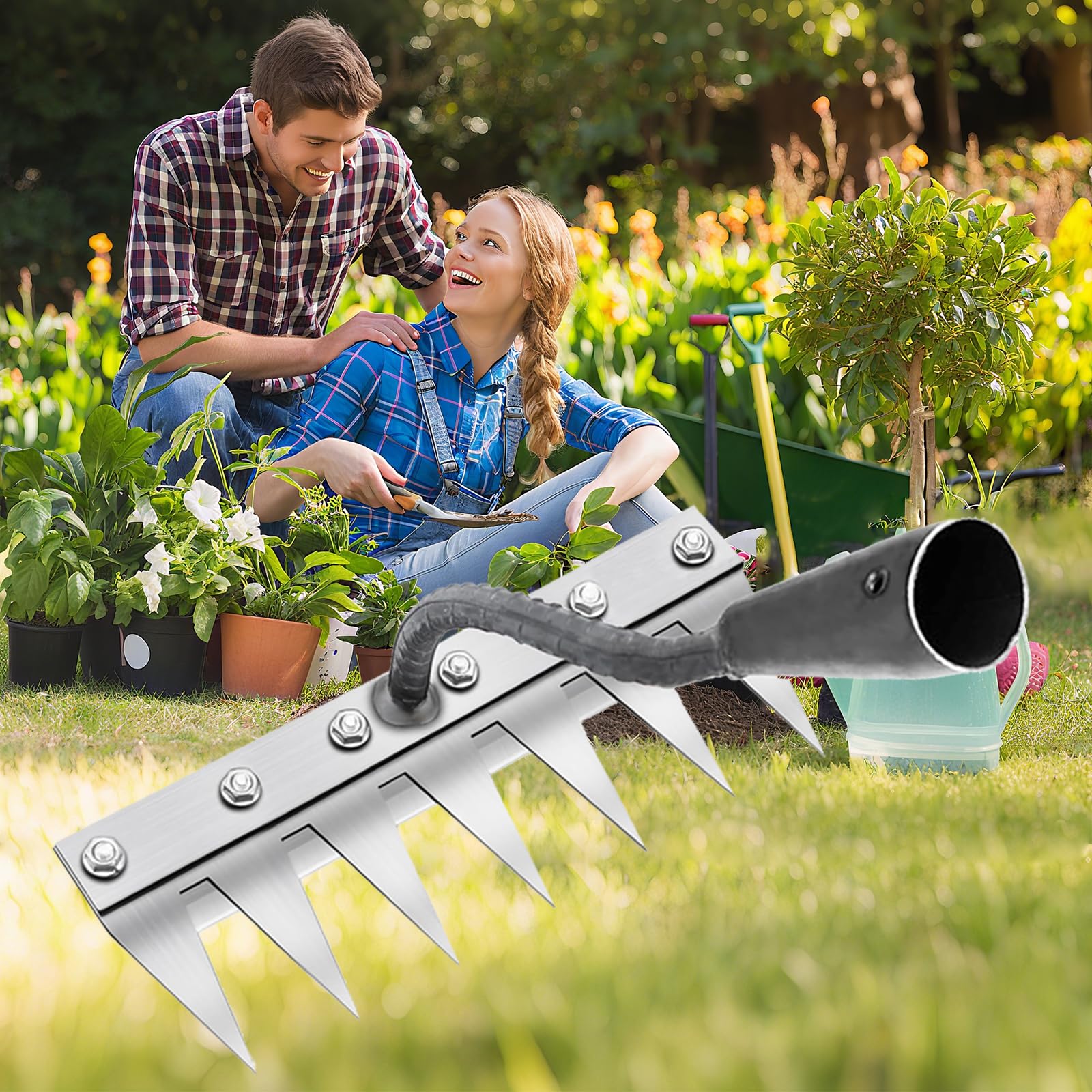 Rastrello per diserbo per giardinaggio, rastrelli in ferro da gardenia per cortile, prato, piccola fattoria, rastrello con denti in metallo affilati, attrezzo da giardino resistente per diserbo senz