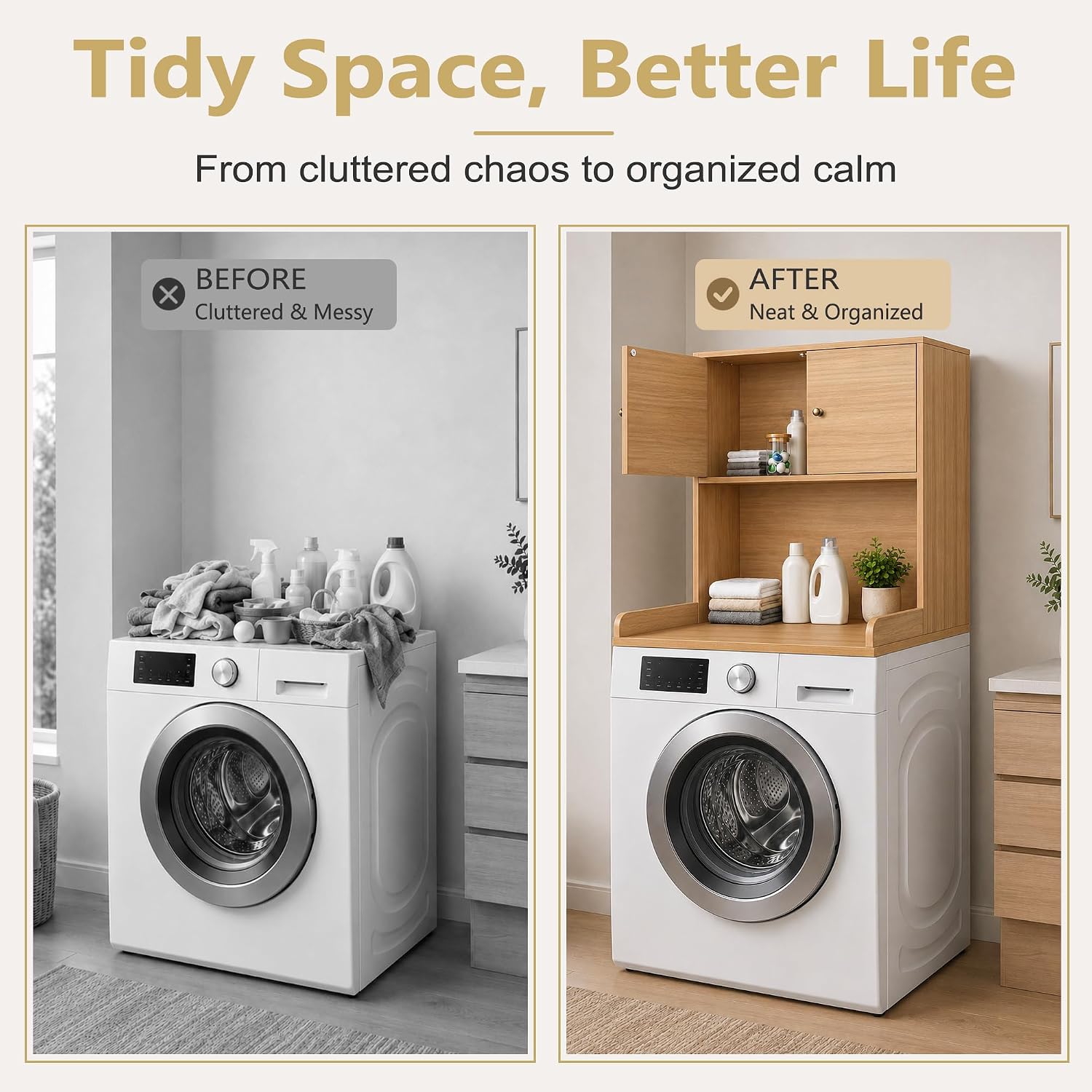 Washer Dryer Countertop with Cabinets, 2-Tier Laundry Countertop with Shelf