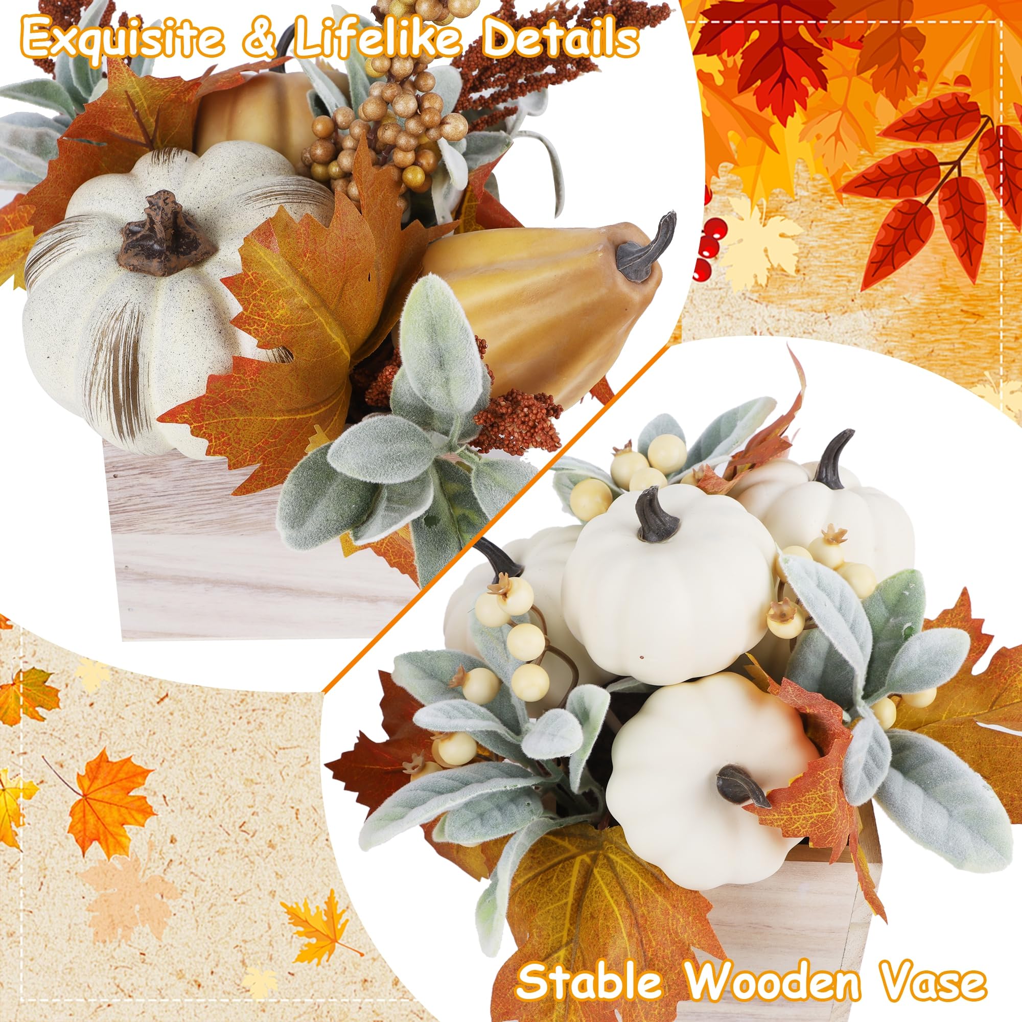 winemana Confezione da 2 decorazioni autunnali per la casa, zucca, zucca, bacche e foglie artificiali in vaso di legno, centrotavola autunnale per sala da pranzo, caminetto, interni