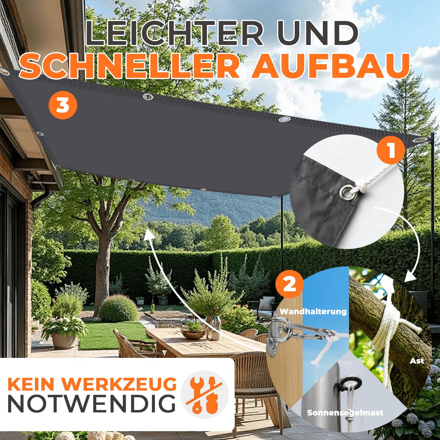 Sonnensegel Wasserdicht mit Verstärkten Edelstahl-Ösen Rechteckig 2x4m– UV-Schutz 95%, Wetterfest, Reißfest, Ideal für Terrasse, Garten,Balkon- Hellgrau