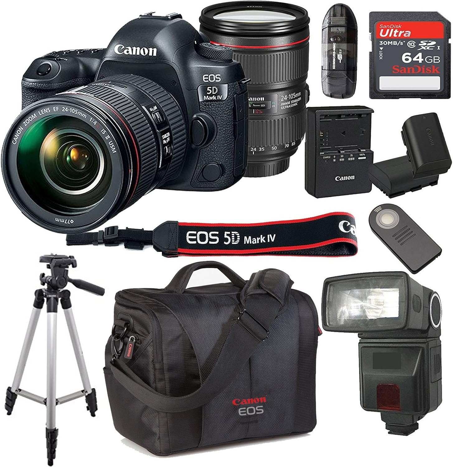 Canon EOS 5D Mark IV With 24-105mm f/4 L IS II USM Lens Kit Bundle + 64GB High Speed Memory Card + Canon 300DG Deluxe Camera Bag + Wireless Remote Shutter + Tripod + More (Certified Refurbished)