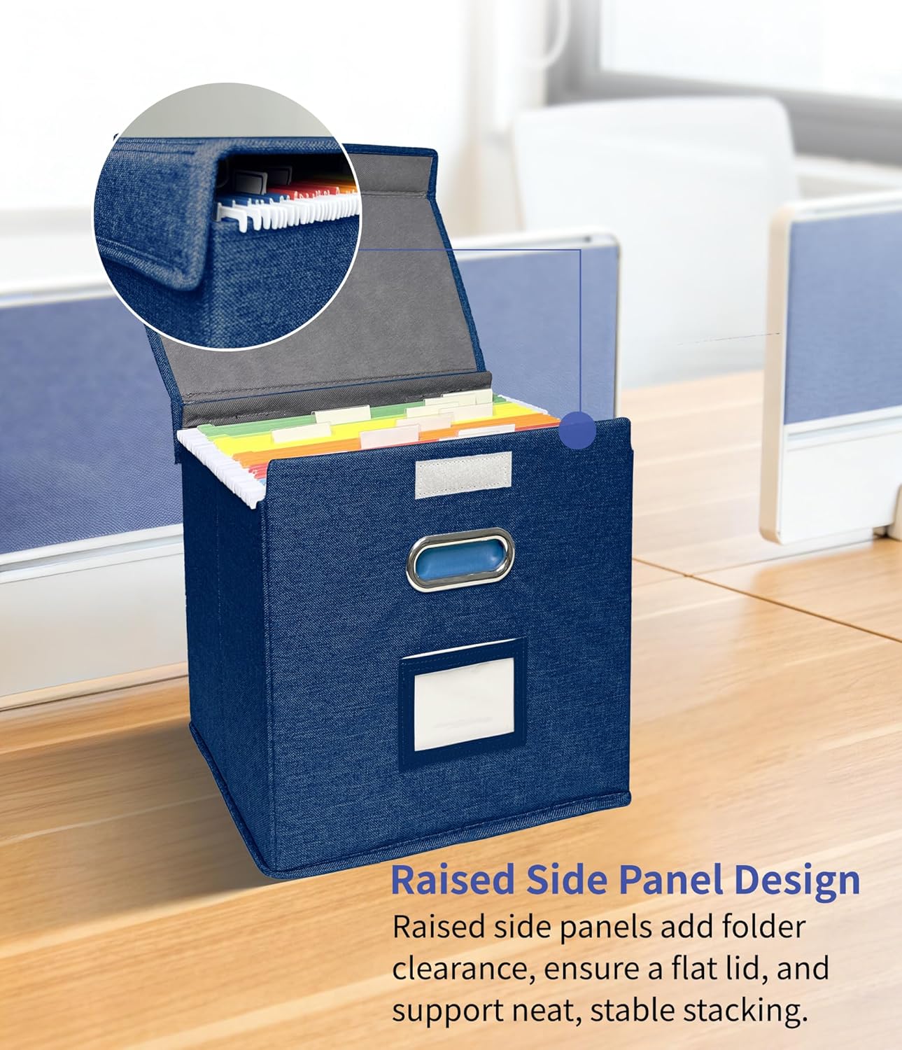 2 Pack Hanging File Folder Box with Lid, Durable Letter Size Filing Storage Box, Sturdy File Holder with Cardboard Support PVC Rails for Office Home Organizer, Blue