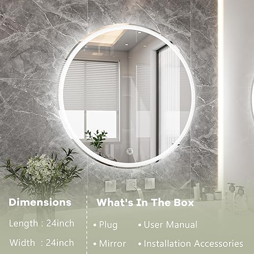 Miniatura 3 de Espejo redondo de tocador con luces de 24 pulgadas para baño, espejos circulares iluminados con película inastillable para decoración de pared,