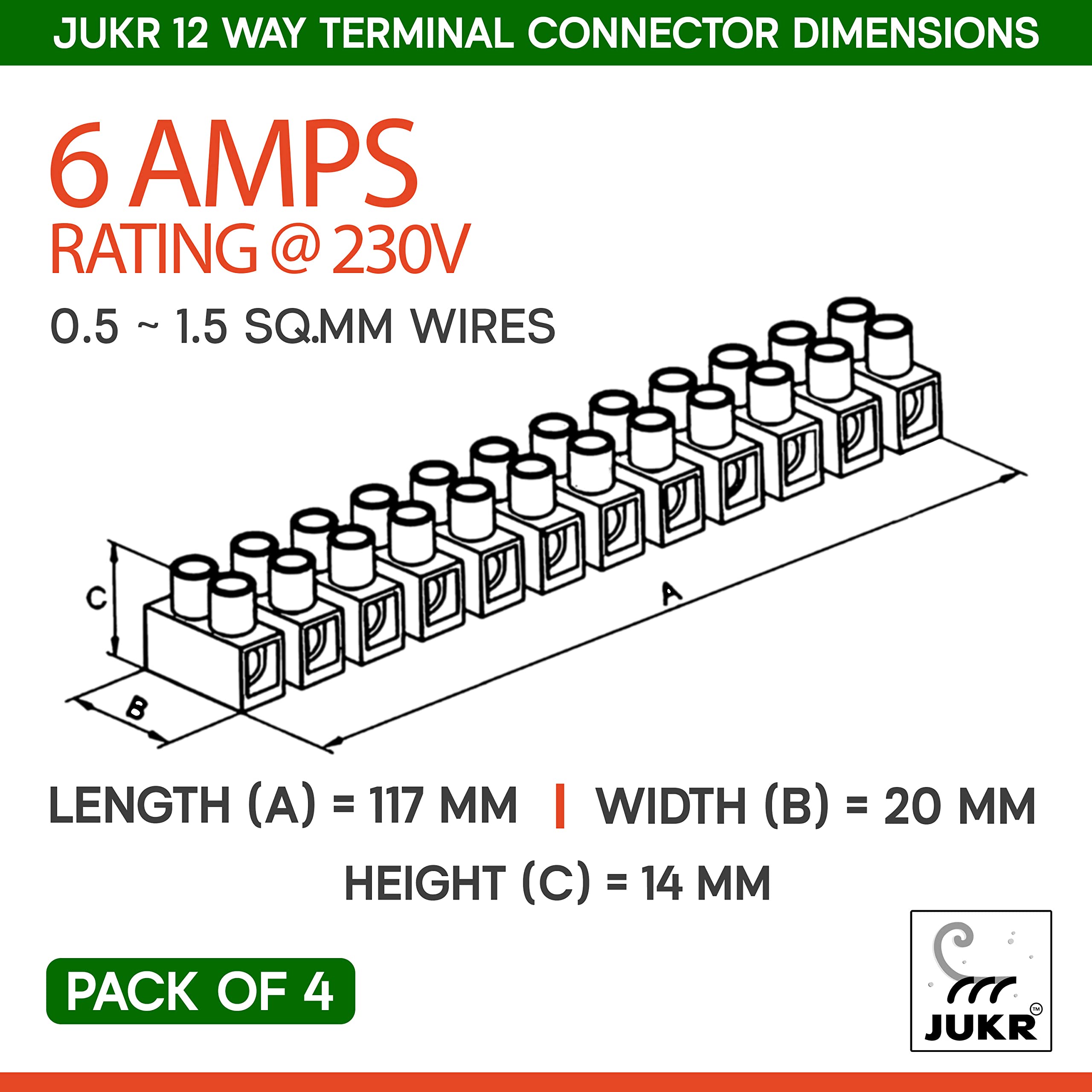 JUKR 12 Way Terminal Connector Block For Electronic Circuits, Industrial Electrical Strip Wiring, DIY College Projects, Home Lighting Electrical Strip PVC Terminal Connector (6 Amps - Pack of 4) 2