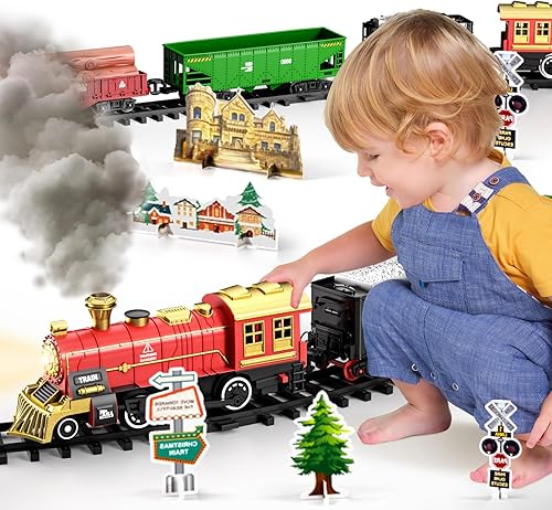 Miniatura 2 de Juego de tren para niños de 3 a 8 años, clásico juego de juguetes de tren eléctrico de Navidad con motor de locomotora de vapor, luz y sonido,