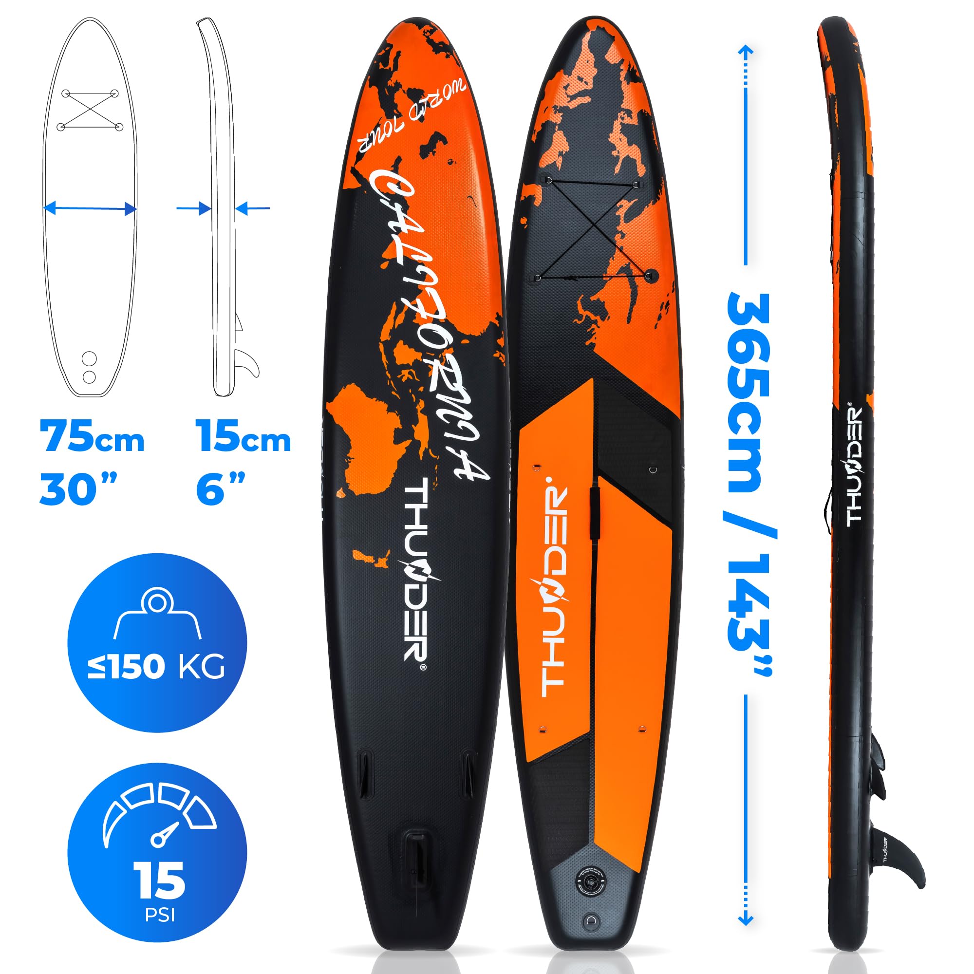 THUNDER SUP Board 365 cm, Aufblasbar mit Kajaksitz, Orange/Schwarz, Earth
