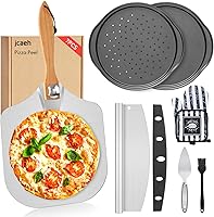 Vista 1 de Juego de Pala y Bandeja para Pizza, 7 Piezas de Accesorios para Horno de Pizza, Pala de Pizza de Metal de 12 Pulgadas (12"x 14") con Mango de Madera