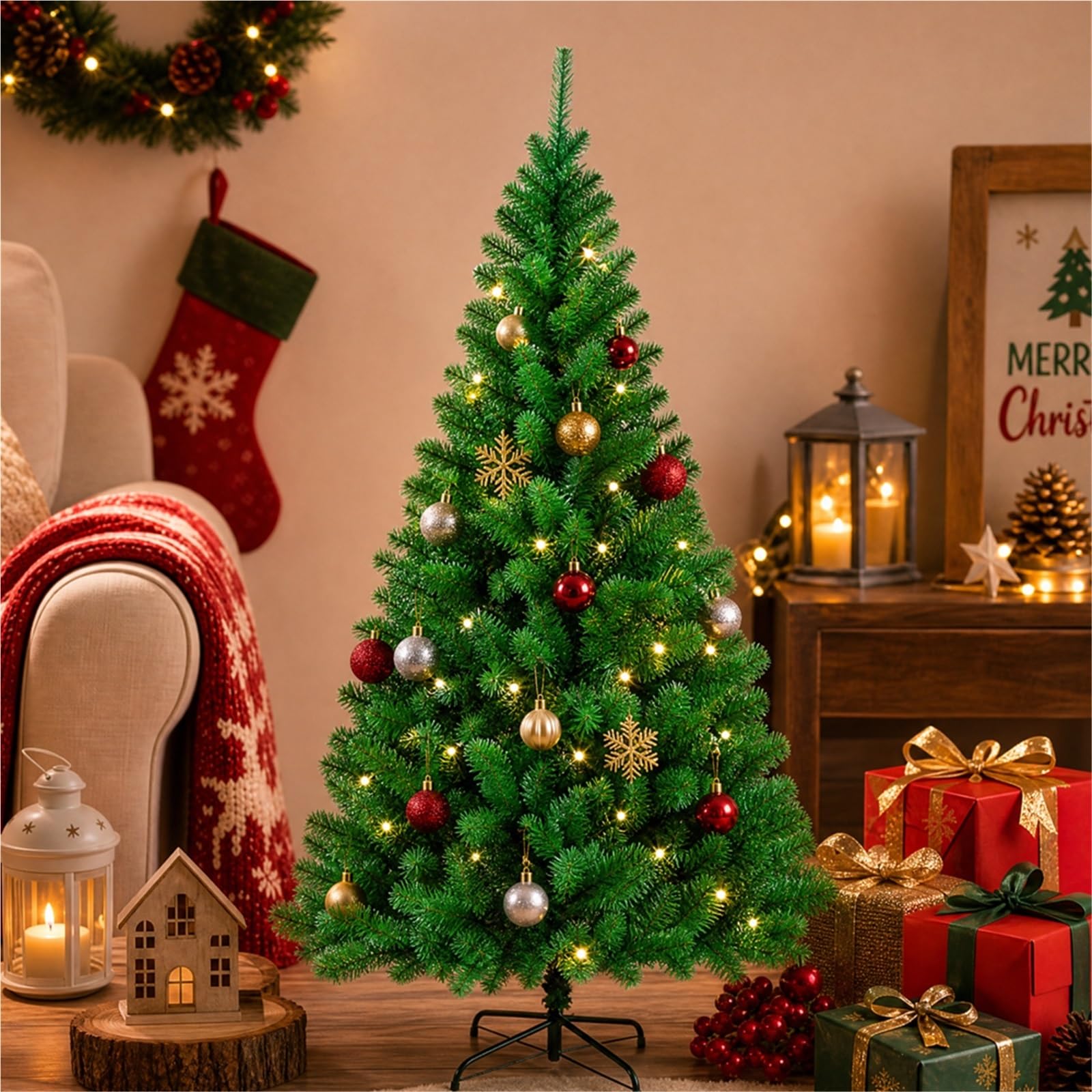 Mini albero di Natale artificiale, pino smontabile con base