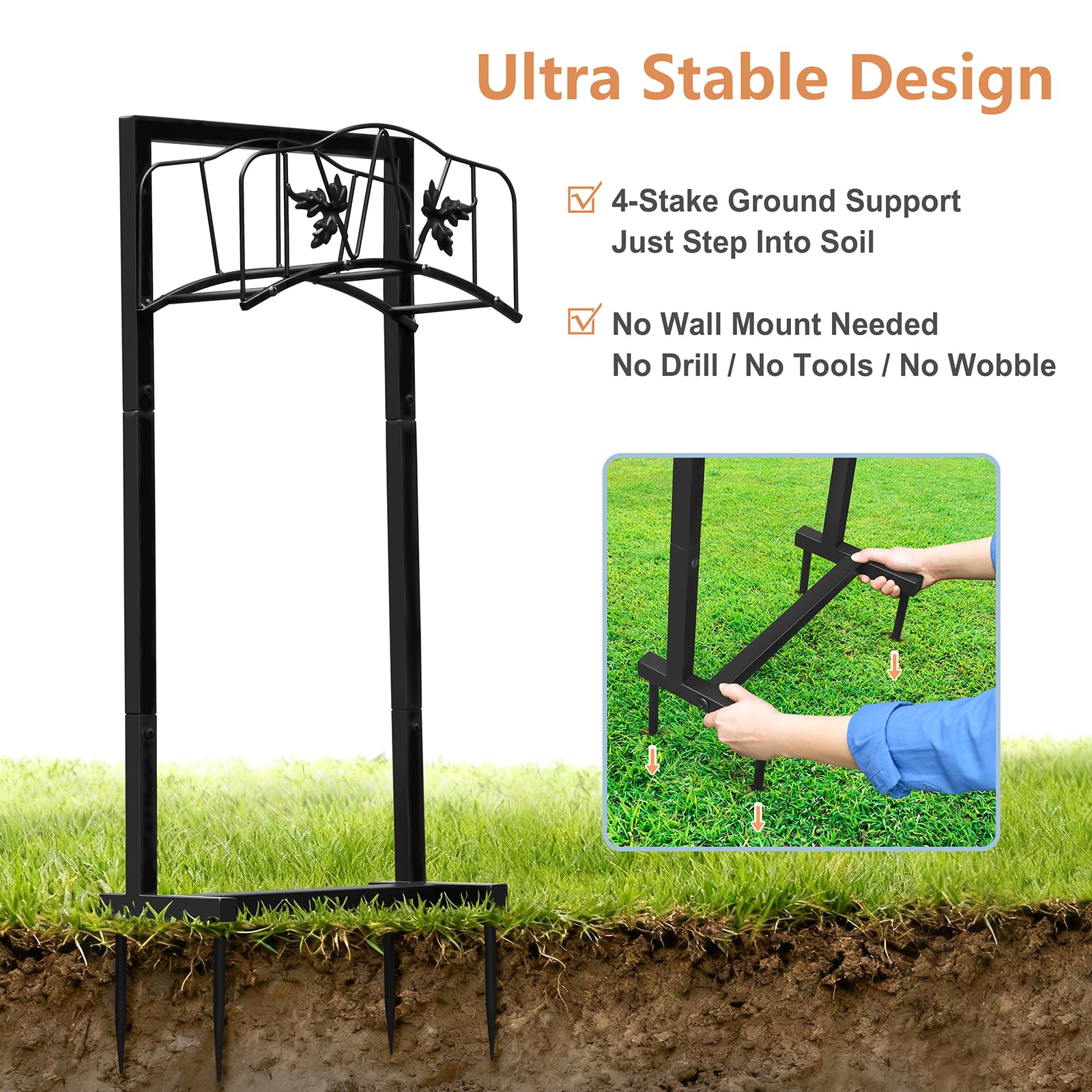 Skypatio Outdoor Garden Hose Holder, Heavy Duty Metal Water Hose Holder Holds 150ft Hoses Freestanding Hose Storage Stand with 4 Stakes, Rust-Resistant Hose Hanger for Outside