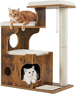 Feandrea PCT70HW Cat Scratching Post 88 cm Medium Cat Tree with 3 Reclining Areas and Den MDF with Wooden Veneer Sisal Trunk Washable Faux Fur Covers Vintage Brown / White product image
