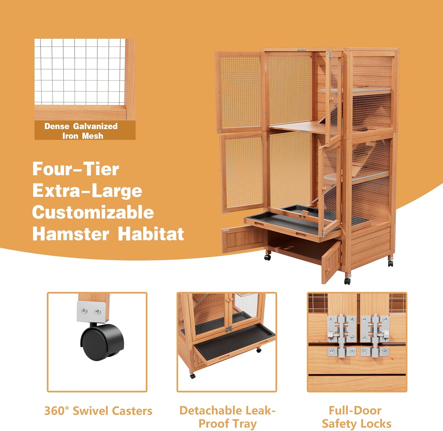 2-Tier Wooden Hamster Cage with Wheels, Guinea Pig Cage for Small Animals with Storage Cabinet, Large Hamster Cage and Habitat with Pull Out Drawer for Hamster, Rabbit, Hedgehog, Easy to Clean