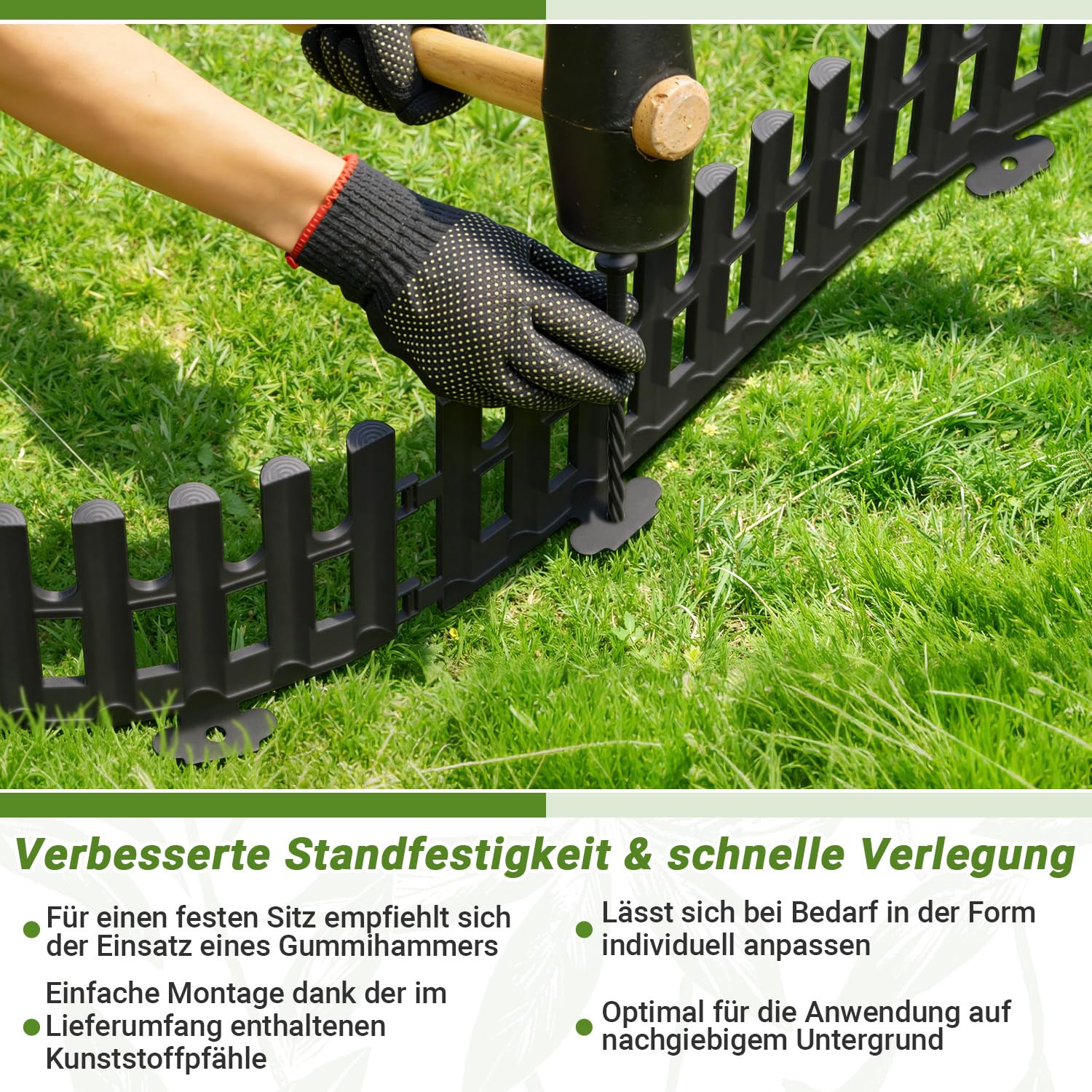 Borde de césped de plástico negro, 10,32 m x 13 cm, juego de 24 cercas con 48 estacas, borde flexible para arriates y fronteras para jardín, césped, parterres y jardín delantero