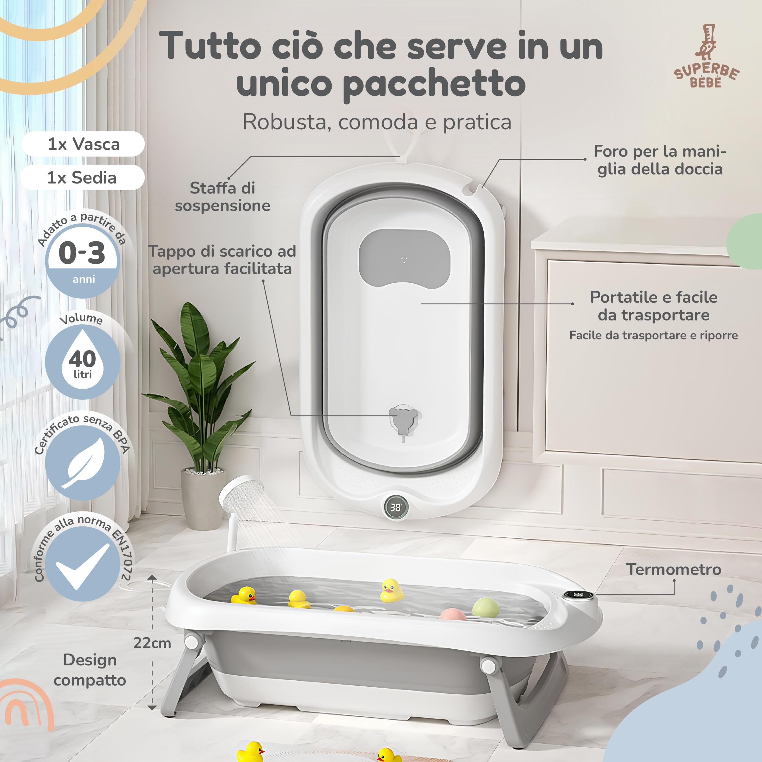 Bagnetto per bambini pieghevole con supporto bagnetto/Vaschetta bagno neonato XL con termometro per il controllo della temperatura dell'acqua/Dalla nascita ai 3 anni