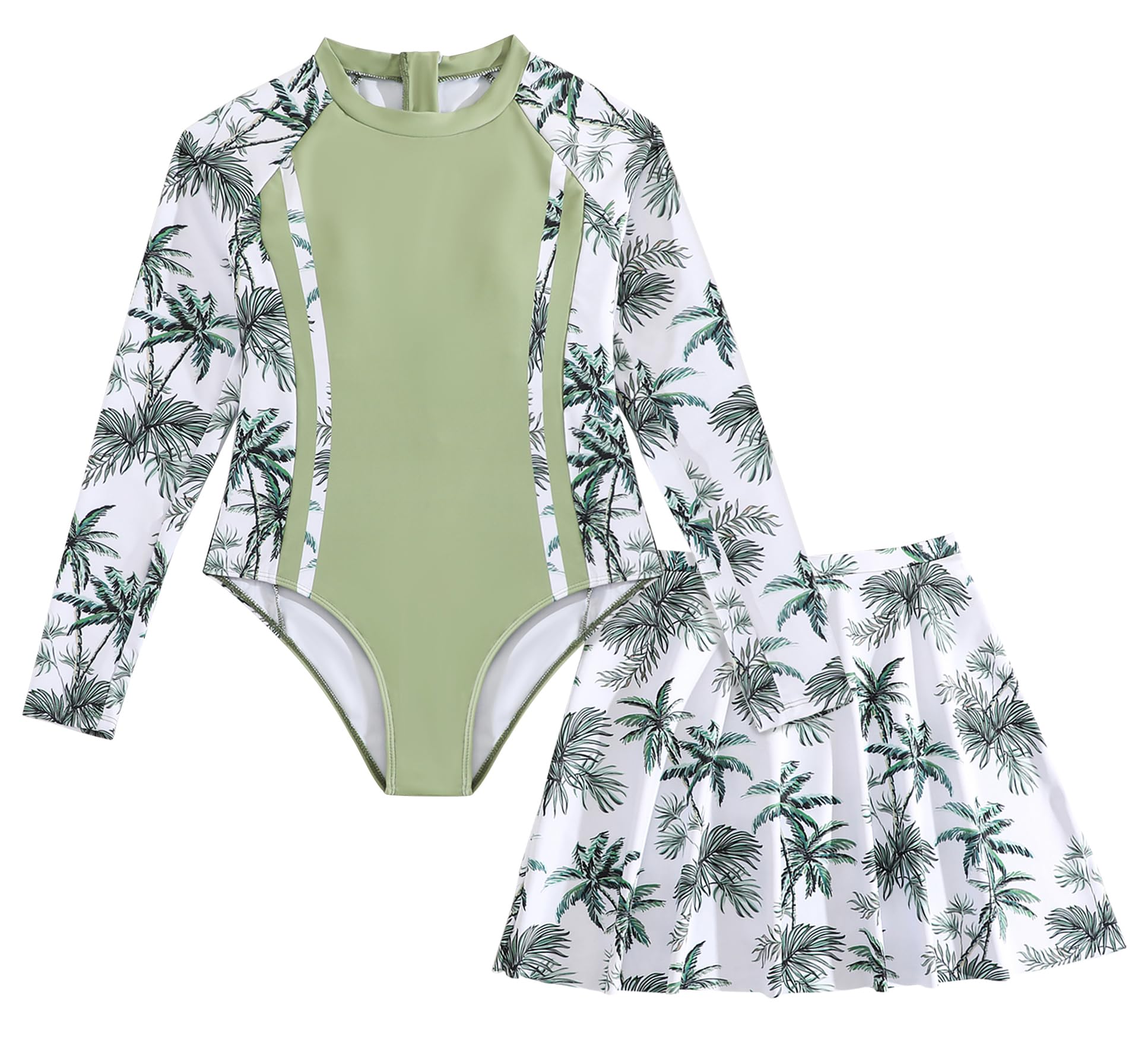 SEAUR Girls Two Piece Rash Guard Swimsuits UPF 50+ Sun Protection Long Sleeve Bathing Suit with Skirt Tropical Leaves Print Beach Swimwear 10T