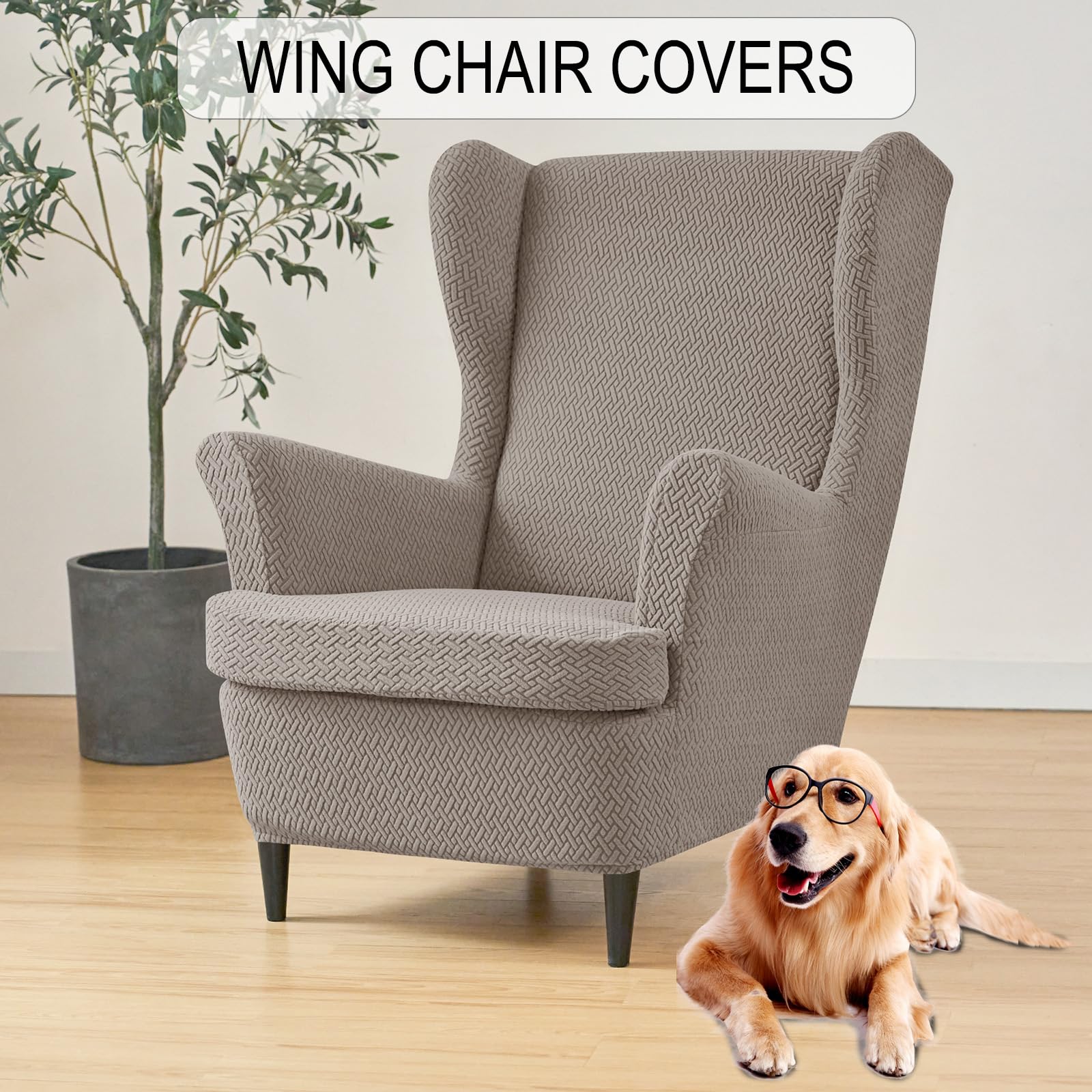 Ohrensessel Überzug Stretch Tiger Stuhlbezug Sessel-Überwürfe Universal Ottomane Schonbezug Ottomane Abdeckung (Khaki,Bezug Ohrensessel)