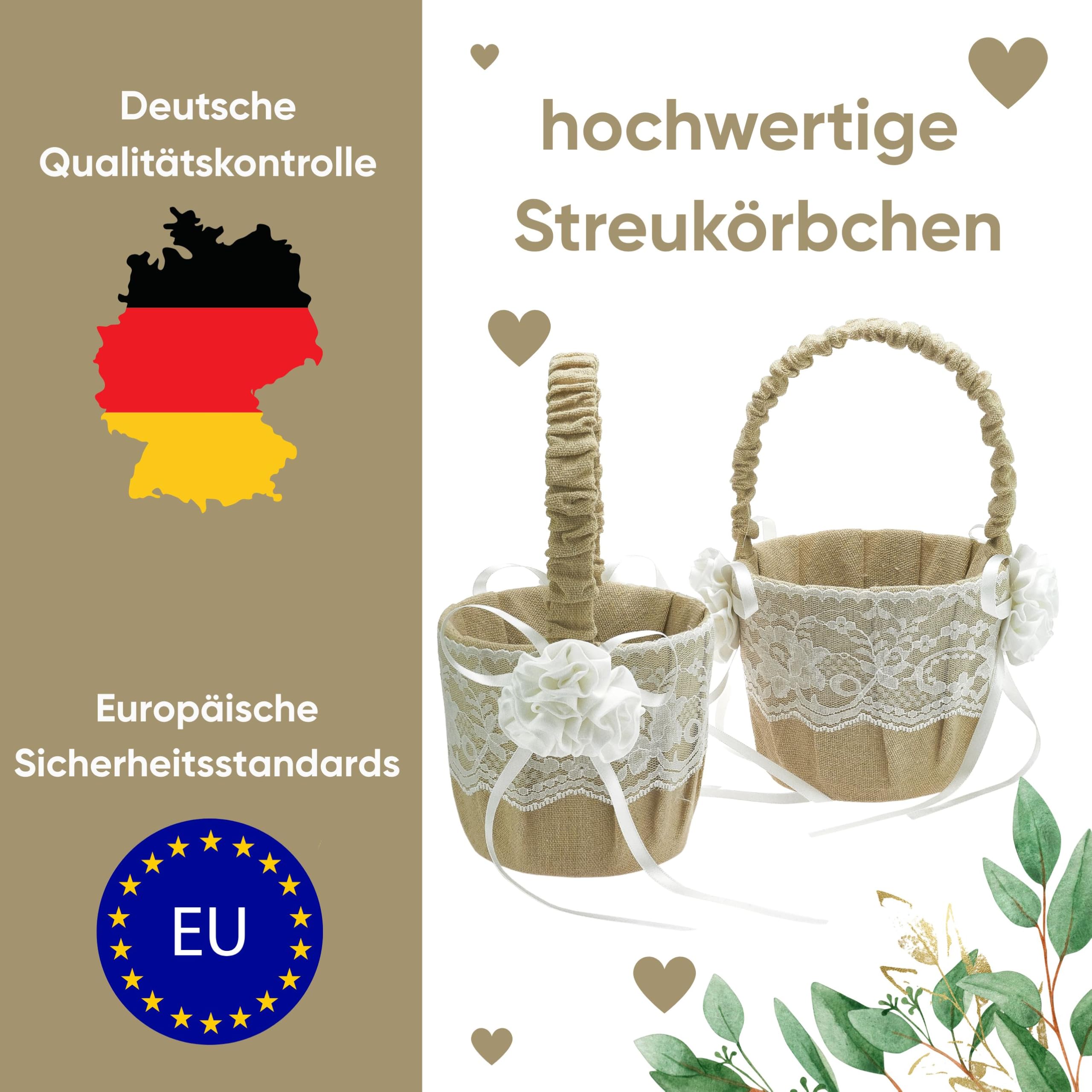 EinsSein Set 2 Cestini Matrimonio Juta e Raso 17x26x13 cm | Cesti Vimini con Manico per Petali Fiori Confetti | Damigella Sposa Bambina Cuore Decorativo Cerimonia Elegante
