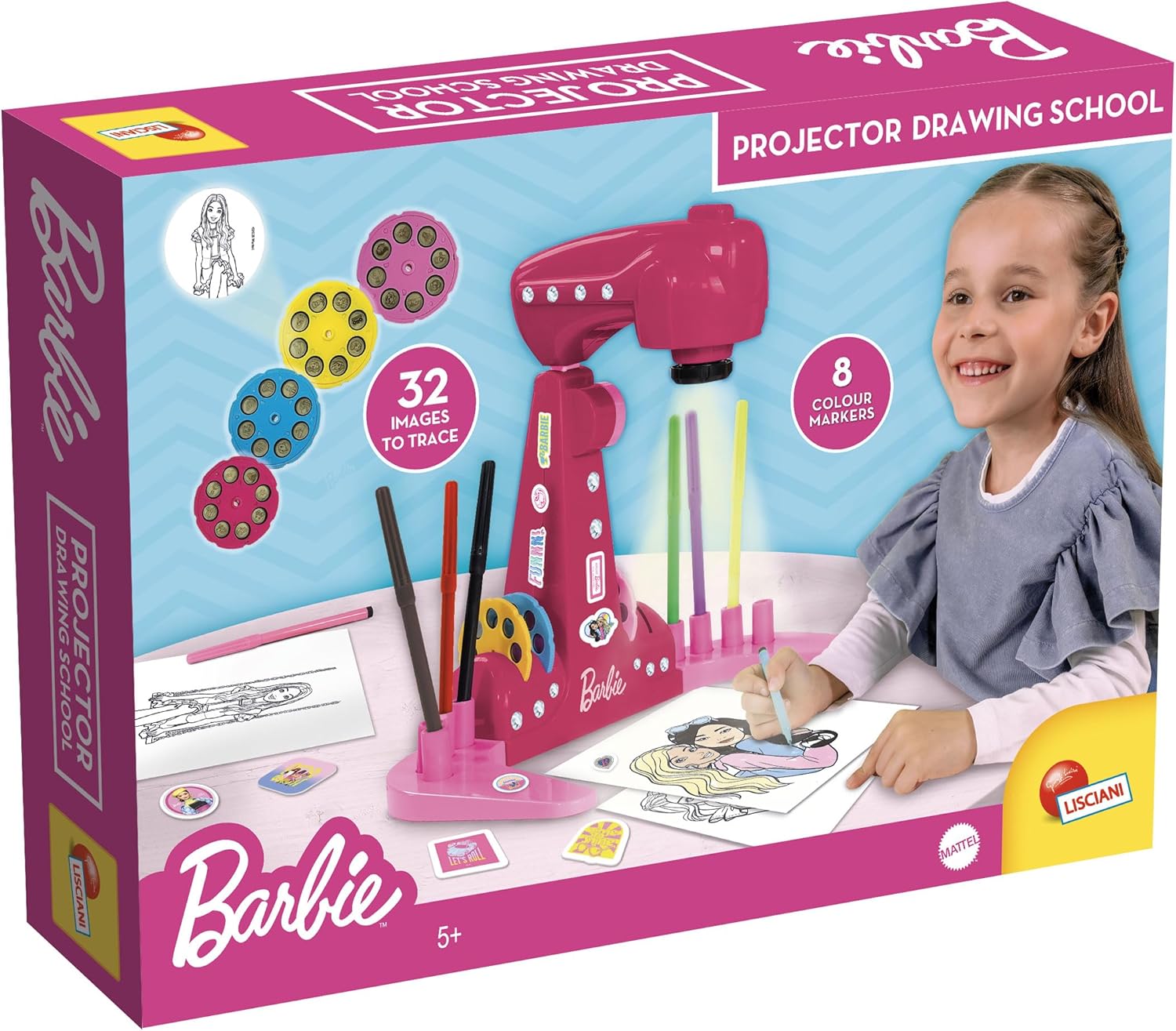 Lisciani Giochi Barbie School of Drawing, Projector, 4 Discs, Markers, 16 Sheets, Stickers, Diamonds, Multicoloured, 114078