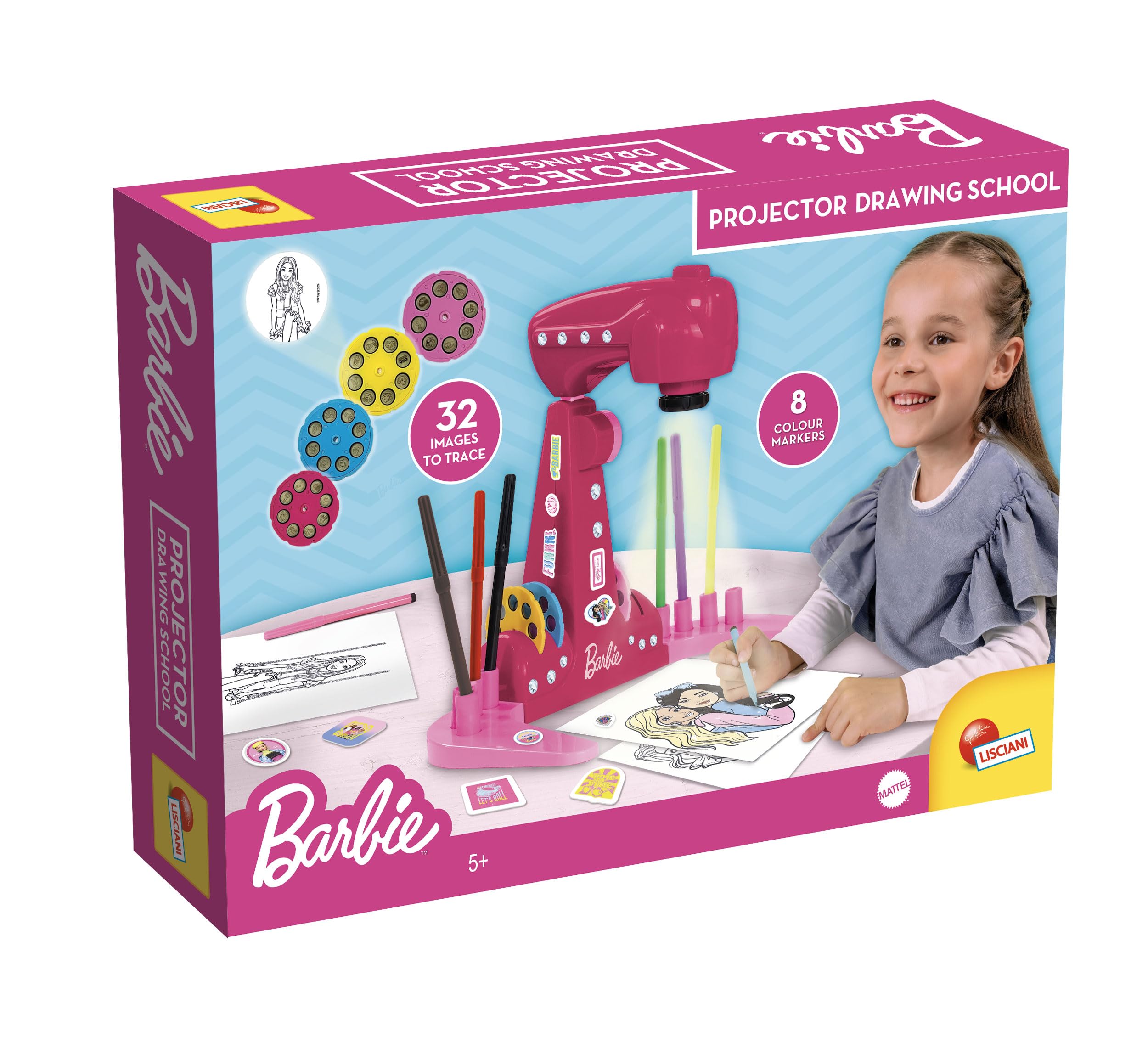 Lisciani - BARBIE Projector Drawing School - Educational Drawing and Colouring Toy for Children 4 Years + - Creative LED Drawing Kit - Activity Without Screen or Tablet -Motor Skills & Imagination