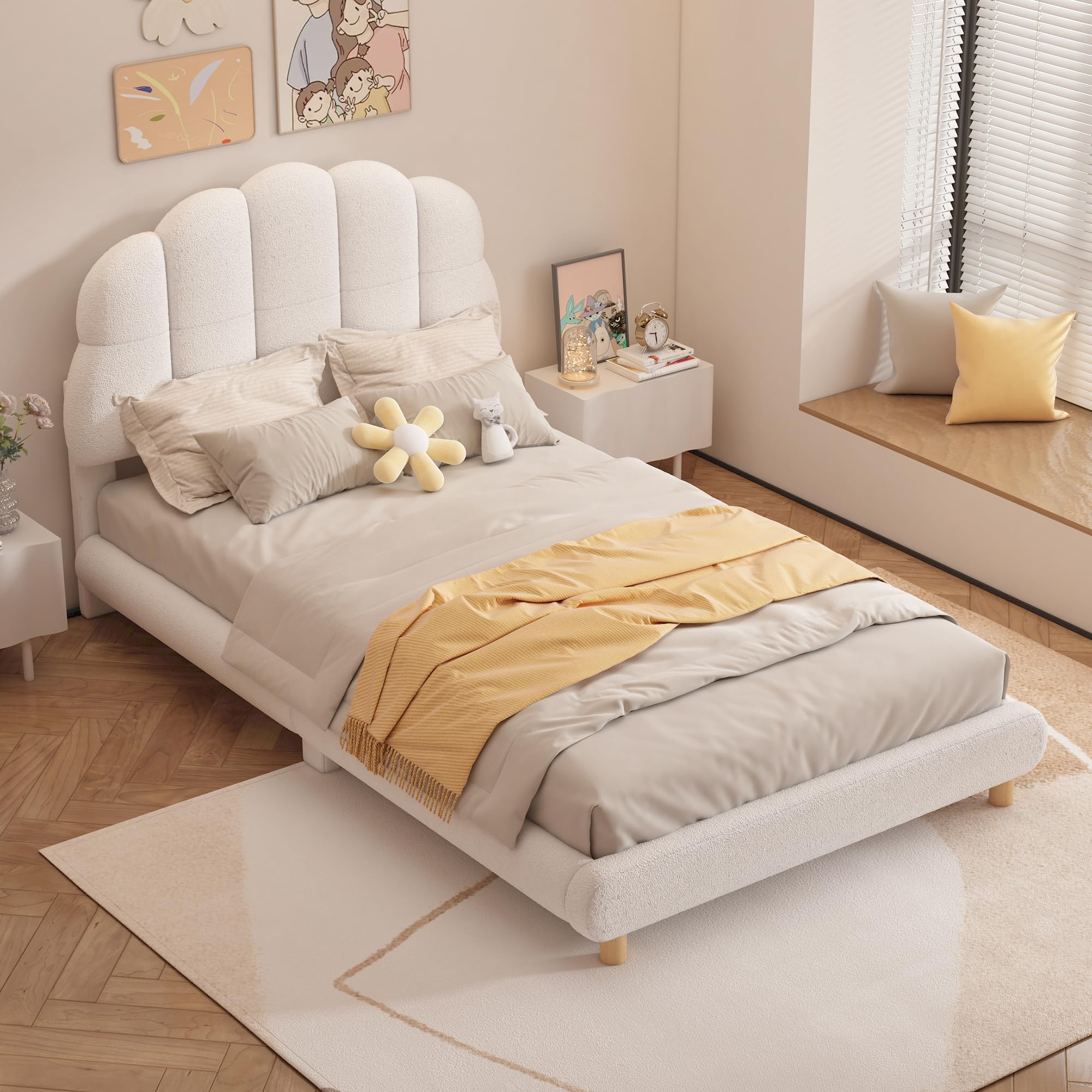 Sapgaks Letto 90x200 cm,letto singolo,letto basso,letto per bambini,peluche,testiera carina,bianco
