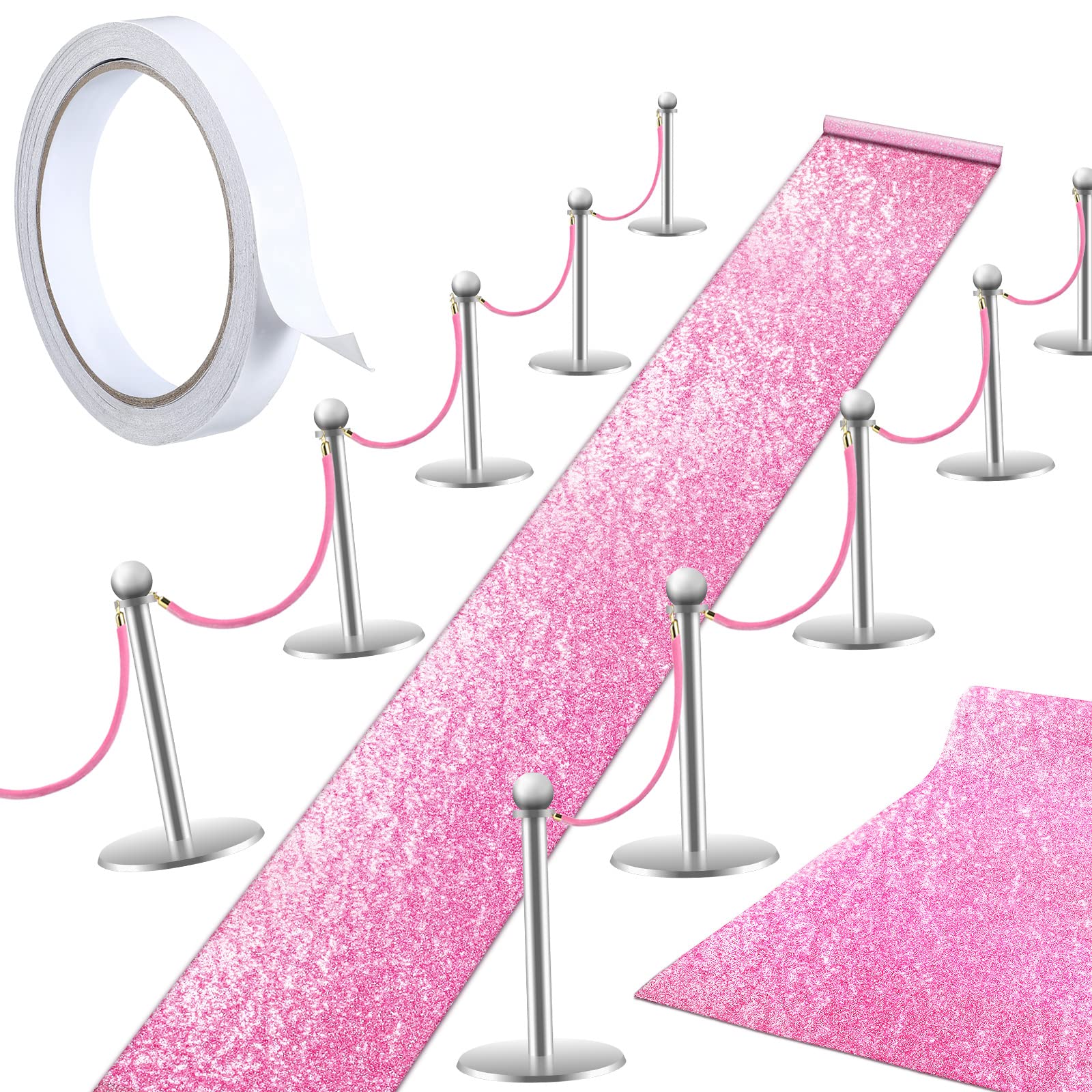 Glitter Pink Carpet Runner for Party with 1 Pcs Carpet Tape, 2 Pcs Velvet Stanchion Rope with Gold Hooks, Crowd Control Ropes Safety Barrier Outdoor Runaway Rug Wedding Party Hallway Rug 1.97x15 Feet