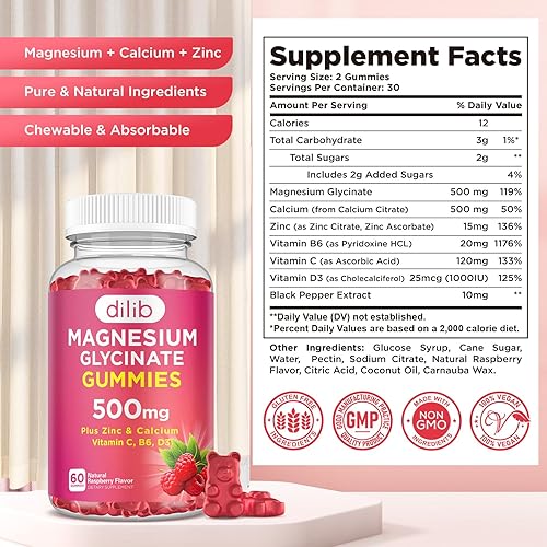 Miniatura 7 de Gomitas de glicinato de magnesio de 500 mg de suplemento de magnesio con calcio, zinc, vitamina C, B6, D3, gomitas masticables calmantes para niños