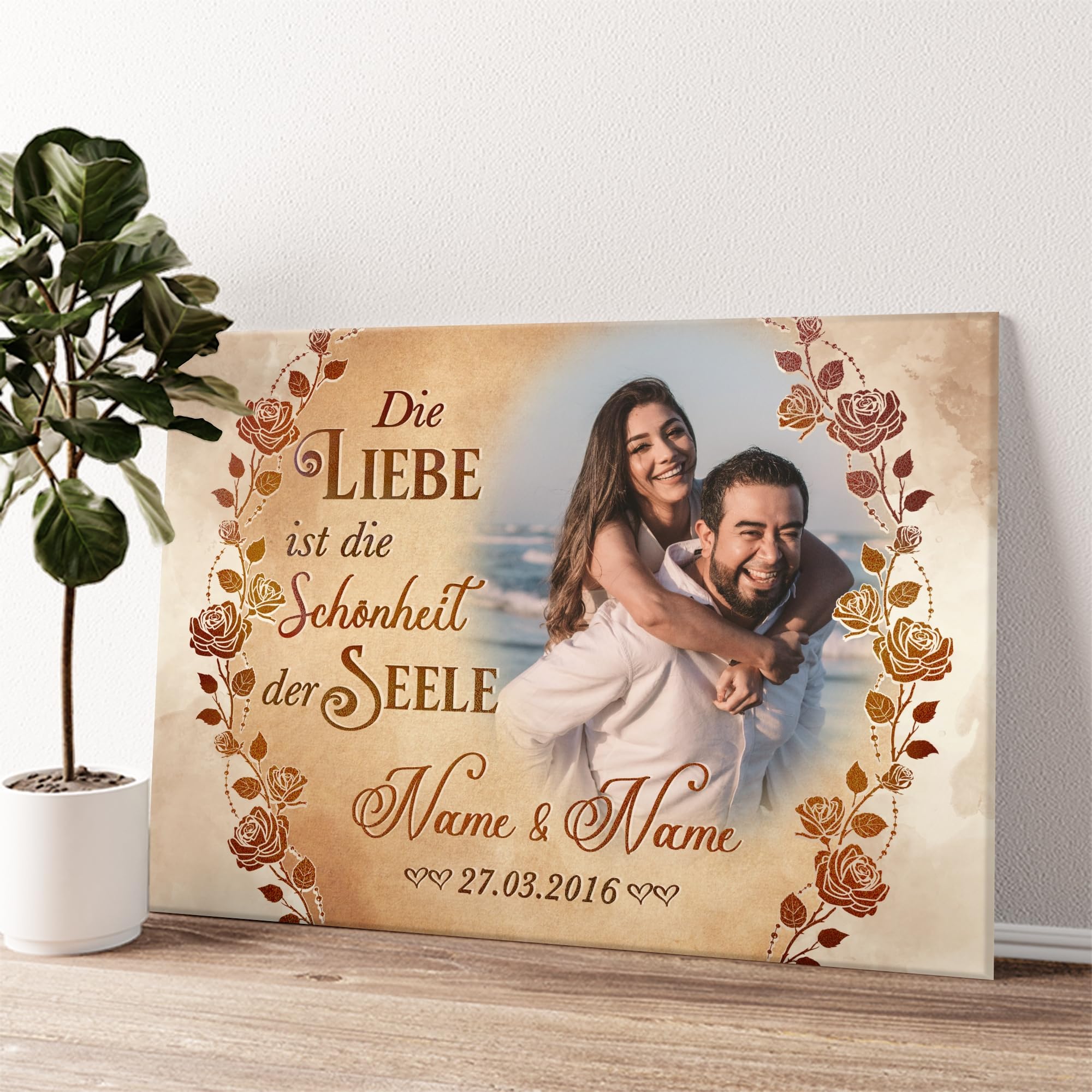 Liebesleinwand | Leinwand mit Foto, Namen und Datum | Wandbild gestalten eigenes Foto, Jahrestag Geschenk für Frauen und Männer | Seelenpartner