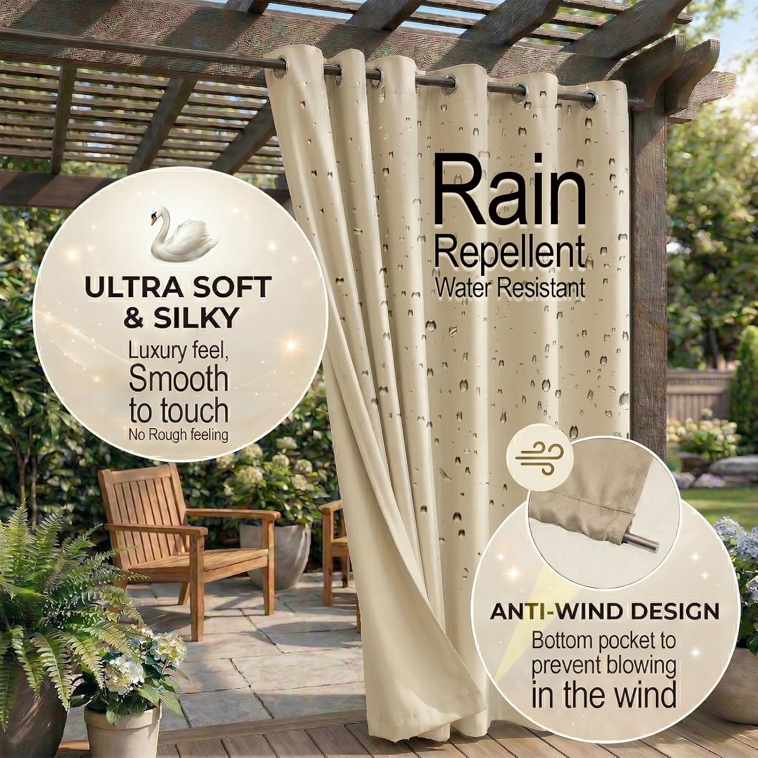 DIVA EN CAMINO DEC Outdoor Patio Curtain Waterproof Darkening Thermal Insulated Indoor Curtains for Bedroom, Porch, Living Room, Pergola, Cabana, W52 x L95, Beige, Set of 2 Panels Beige 52"W x 95"L (Pack of 2)