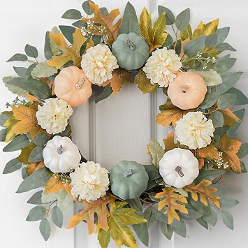 Fall Decorations for Home - Fall Decor - 18 Inch Autumn Fairytale Pumpkin Foliage Maple Leaf Hydrangeas Wreath for Thanksgiving Halloween Farmhouse Harvest Front Door Outdoor Indoor Window Wall