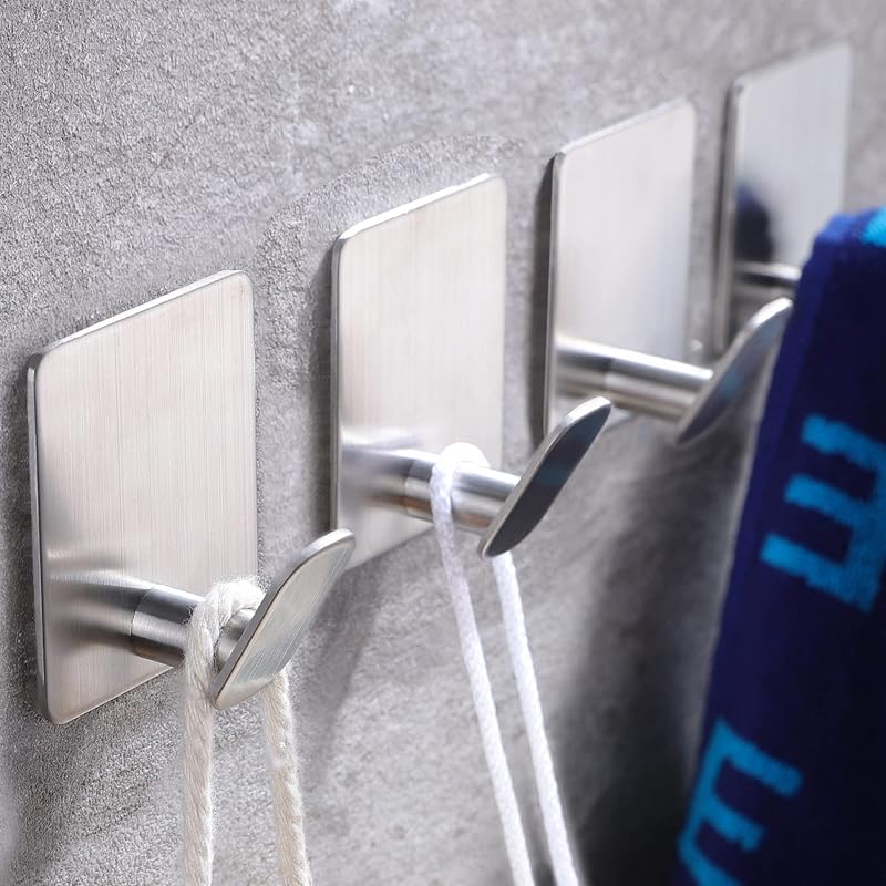 Ganchos adhesivos para toallas, ganchos de ducha de acero inoxidable SUS 304 sin taladros | 26 lb resistente, fuerte adherencia, ideal para colgar abrigos, batas y utensilios en el baño, cocina, plateado