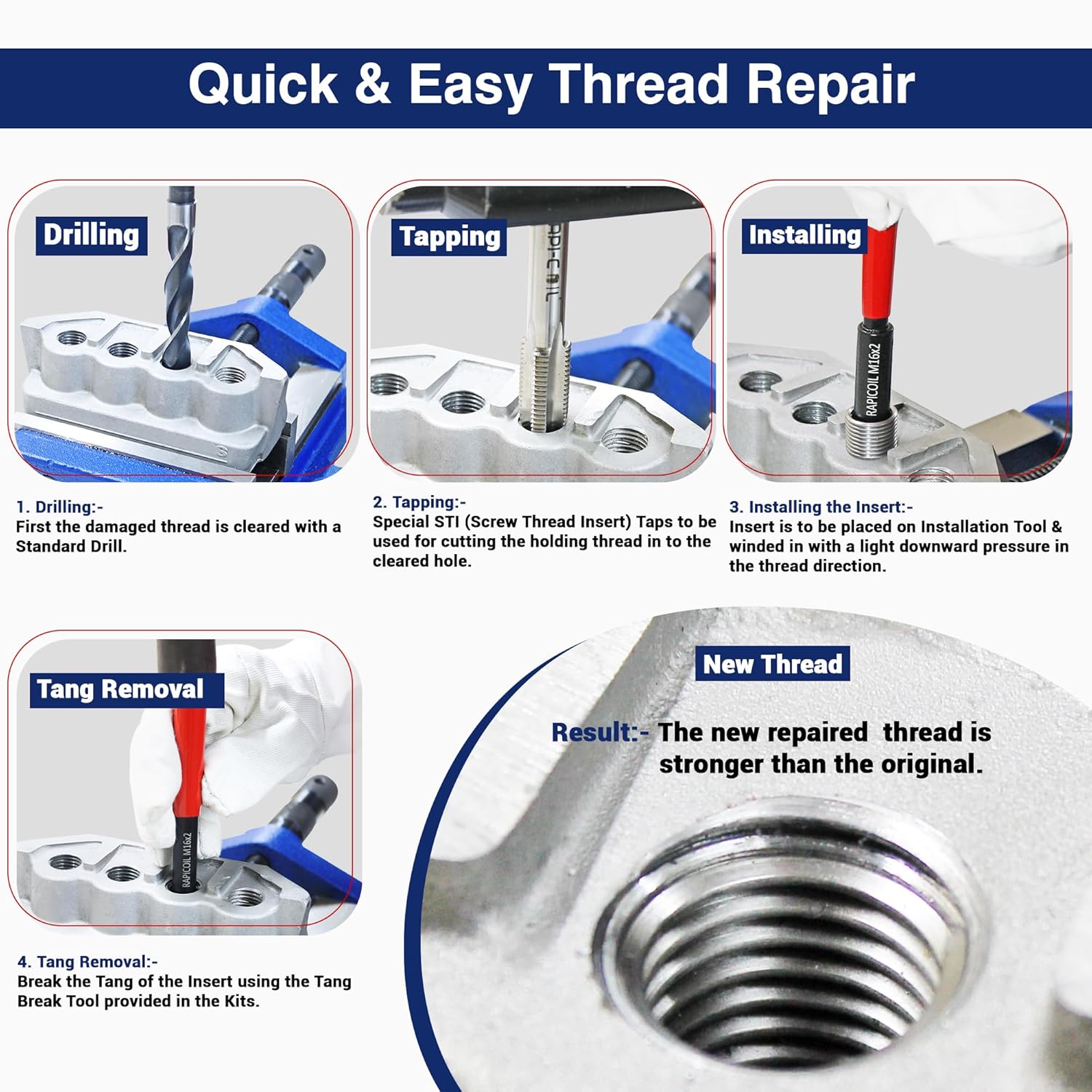 7/16-14 UNC Thread Repair Helicoil Kit, HSS M2 Tap & Drill, SS 304 Wire Inserts - Made in India