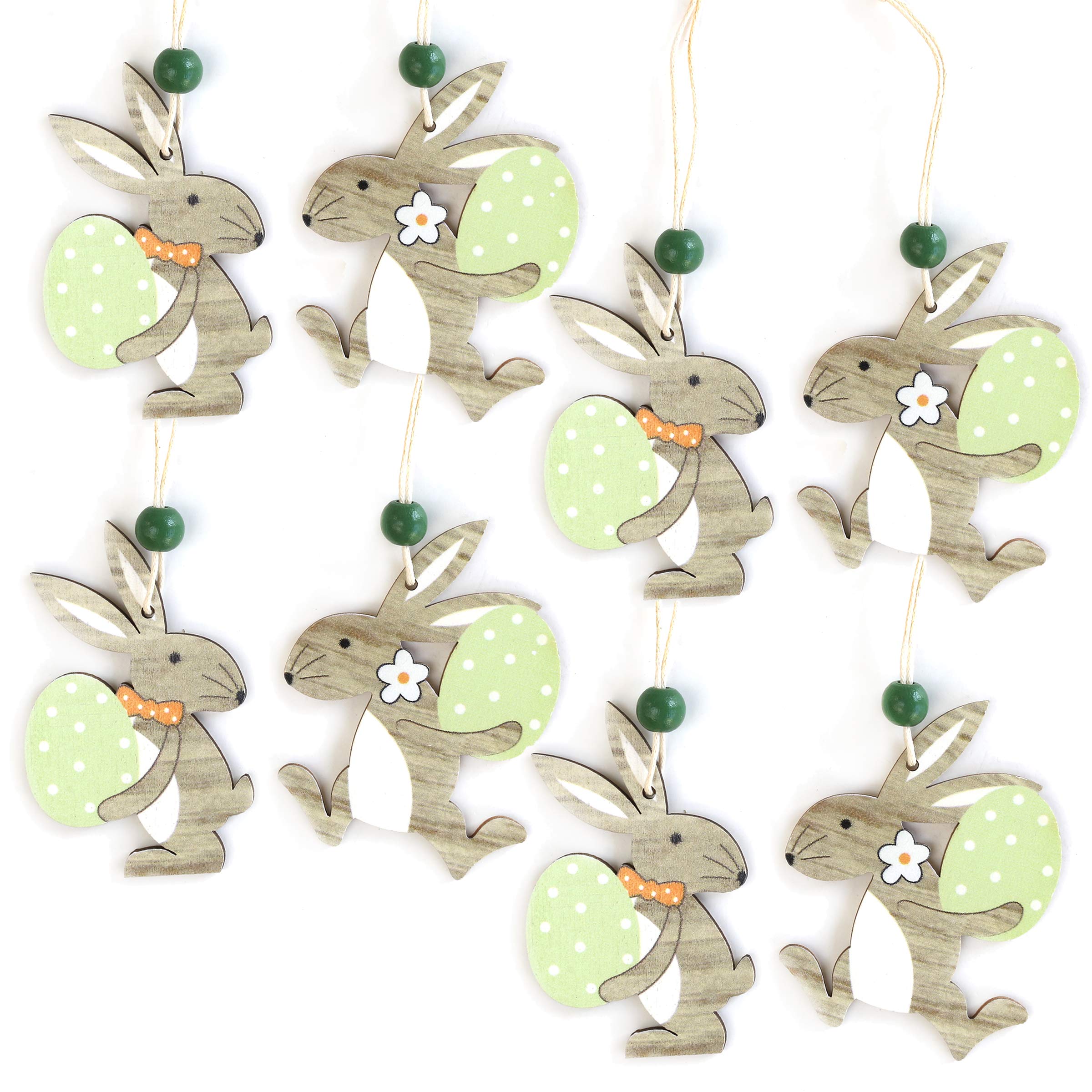 By Robelli 8Pc Rabbit Carrying Green Eggs (70Mm) 8Pc Easter Bonnet Wooden Shabby Chic Hanging Decoration Sets - Fun Chick, Bunny, Rabbit, Egg Designs (8Pc Rabbit Carrying Green Eggs (70Mm))