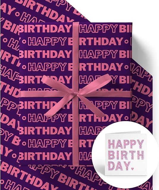 EcoWrap Birthday Wrapping Paper for Women with Birthday Card and Tags - Eco Friendly Premium Recyclable 84cm x 60cm Gift Wrap in Plastic Free Packaging (2 Sheets & 2 Tags)