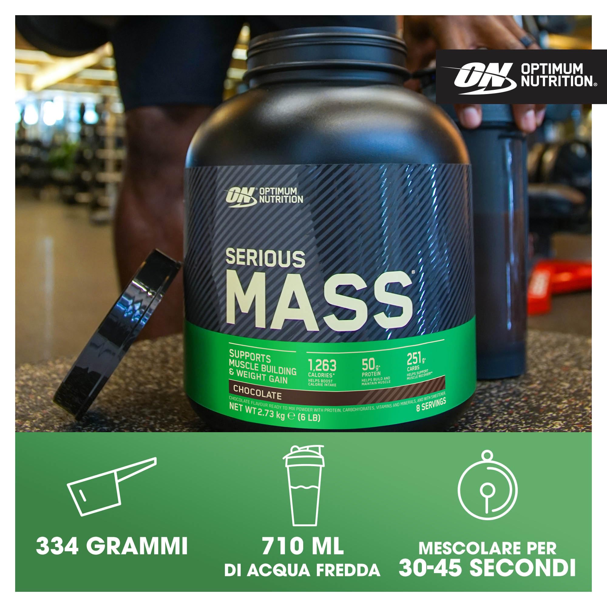 Optimum Nutrition Serious Mass Proteine in Polvere ad Alto Contenuto Calorico per Aumentare il Peso, con 25 Vitamine e Minerali, Creatina Monoidrato e Glutammina, Gusto Cioccolato, 8 Dosi, 2,73 kg