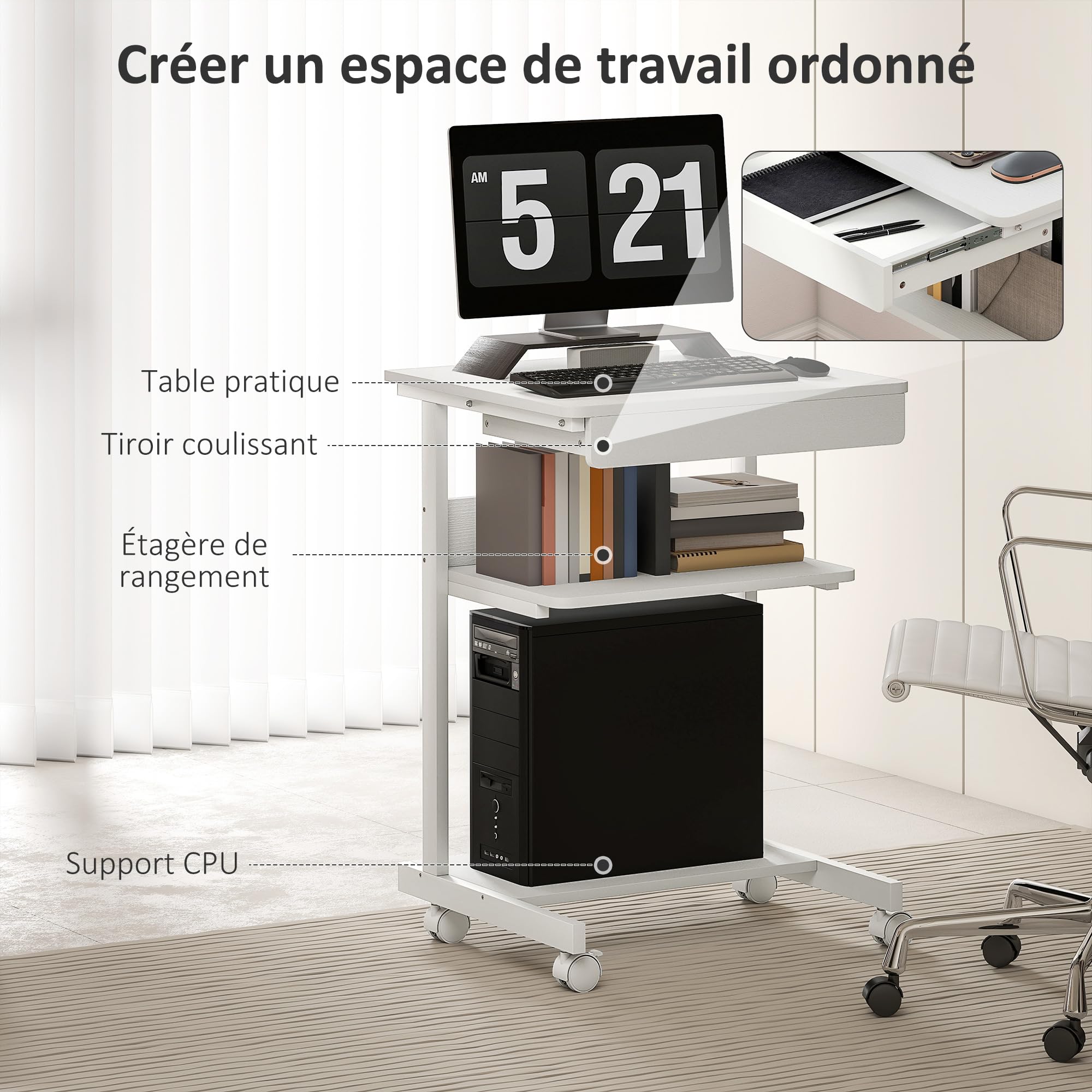 HOMCOM Scrivania per computer su ruote, scrivania con spazio 56 x 51 cm con cassetto, scomparto e supporto per CPU, tavolo da computer per studio per piccoli spazi camera da letto, bianco