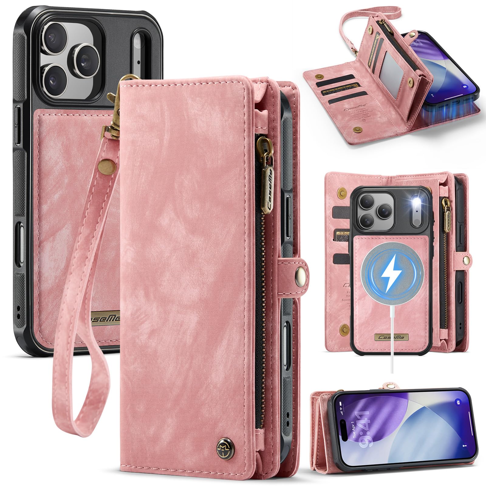Etui portfelowe na iPhone'a 17 Pro, z 8 przegródkami na karty, magnetyczne zamknięcie, kieszeń na zamek błyskawiczny, odpinane magnetyczne wzornictwo 2 w 1, wysokiej jakości skóra PU, z paskiem